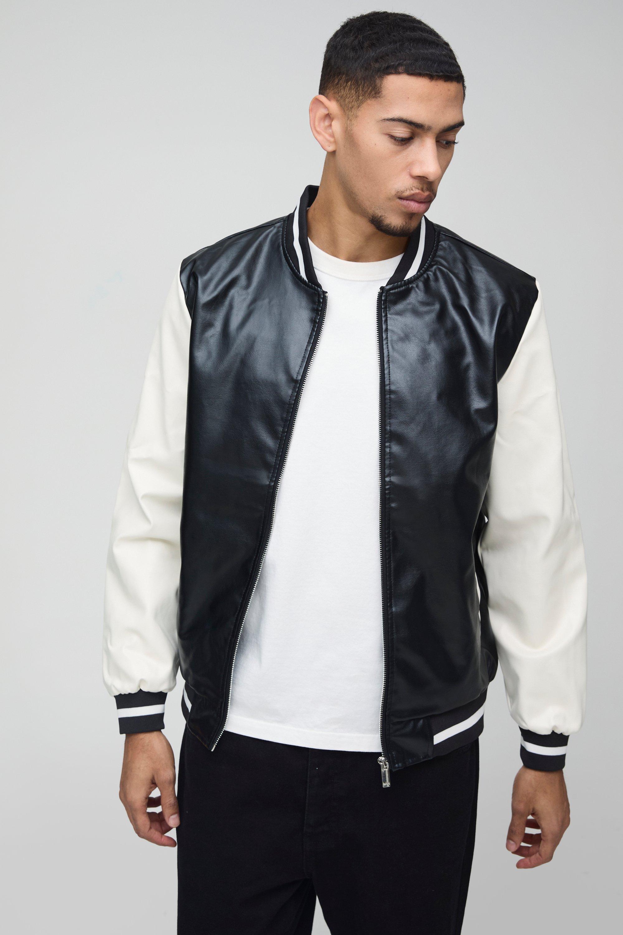 Plain Pu Varsity Jacket In Black, Nero