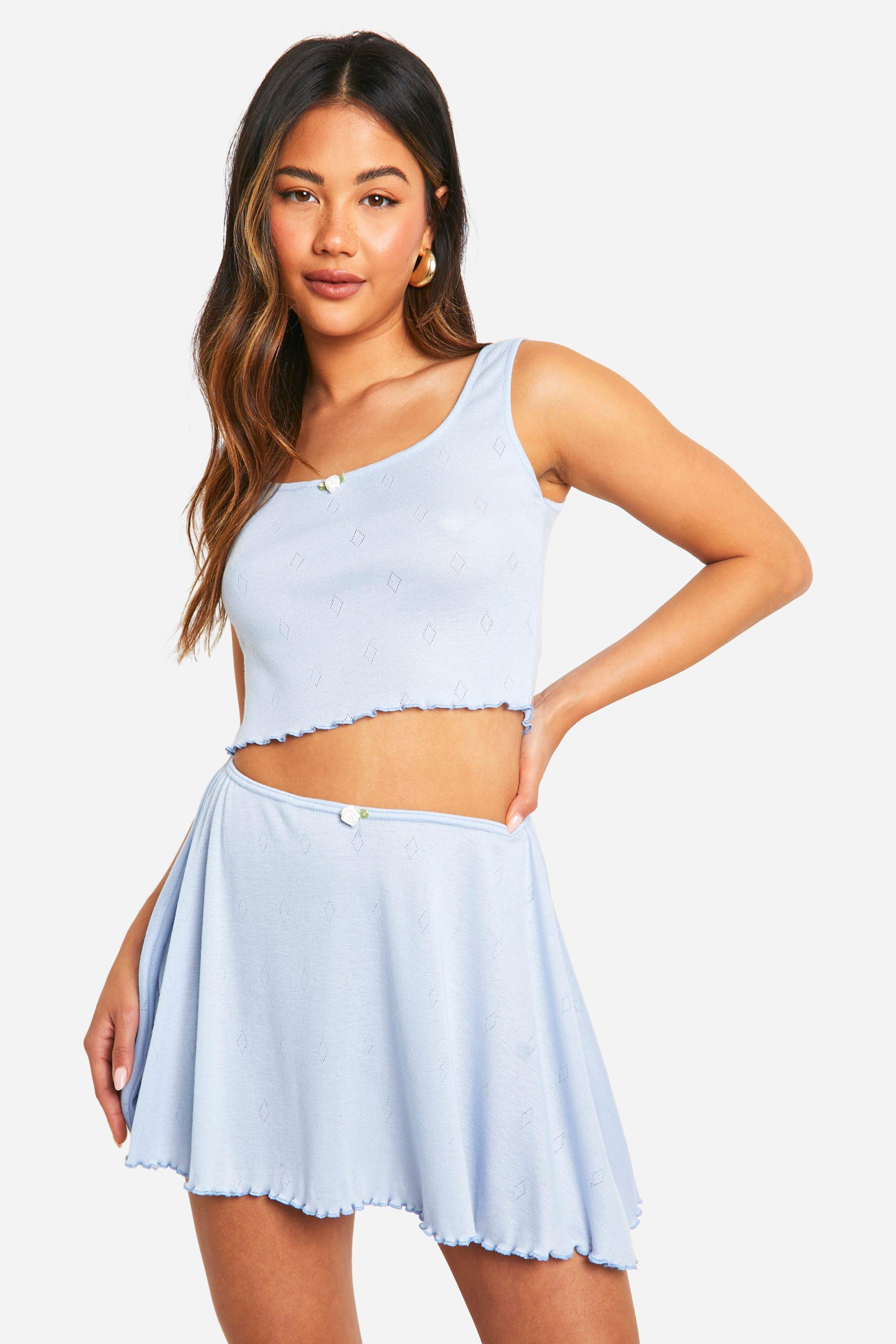 Pointelle Rose Detail Scoop Vest, Azzurro