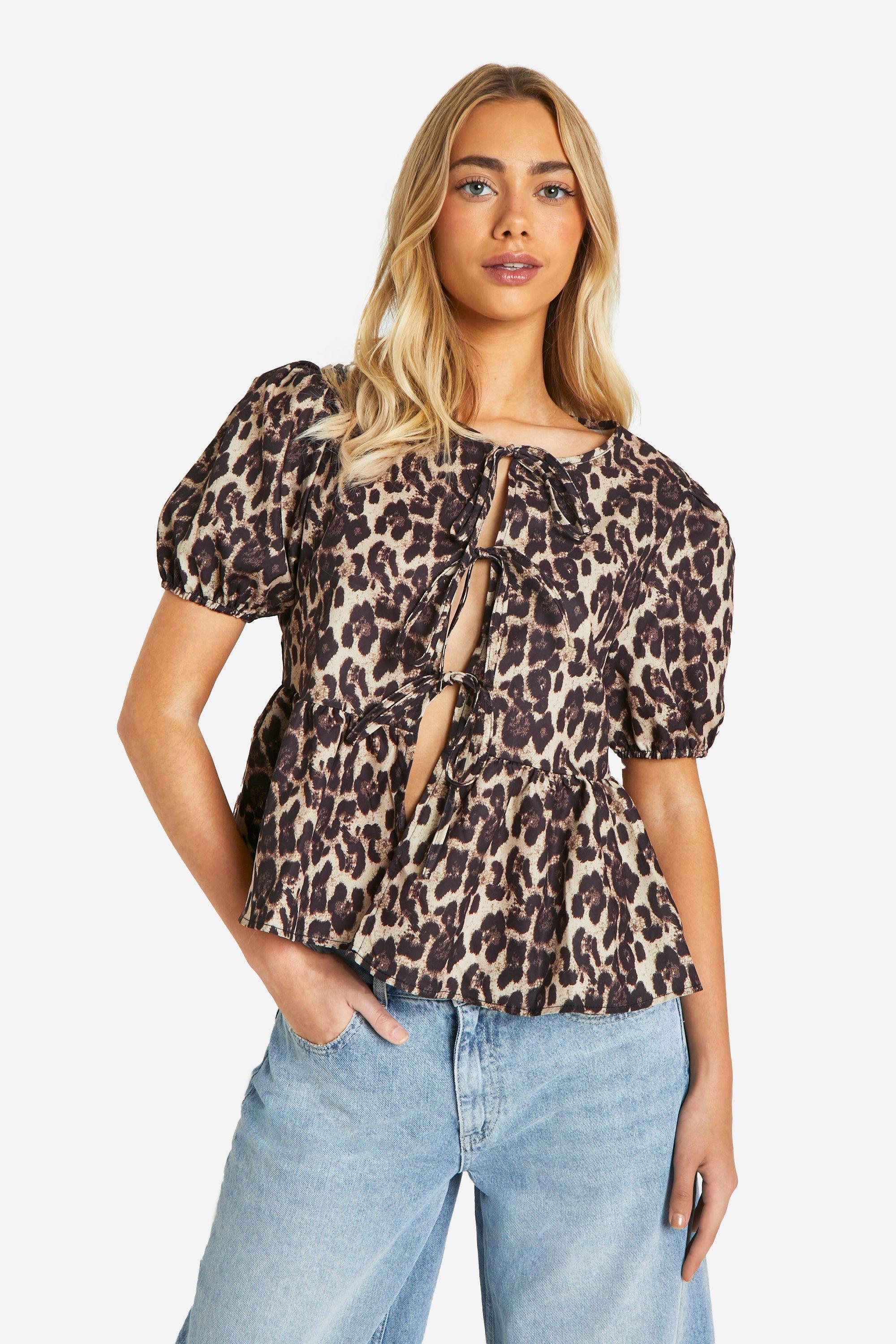 Leopard Puff Sleeve Bow Tie Blouse, Brown