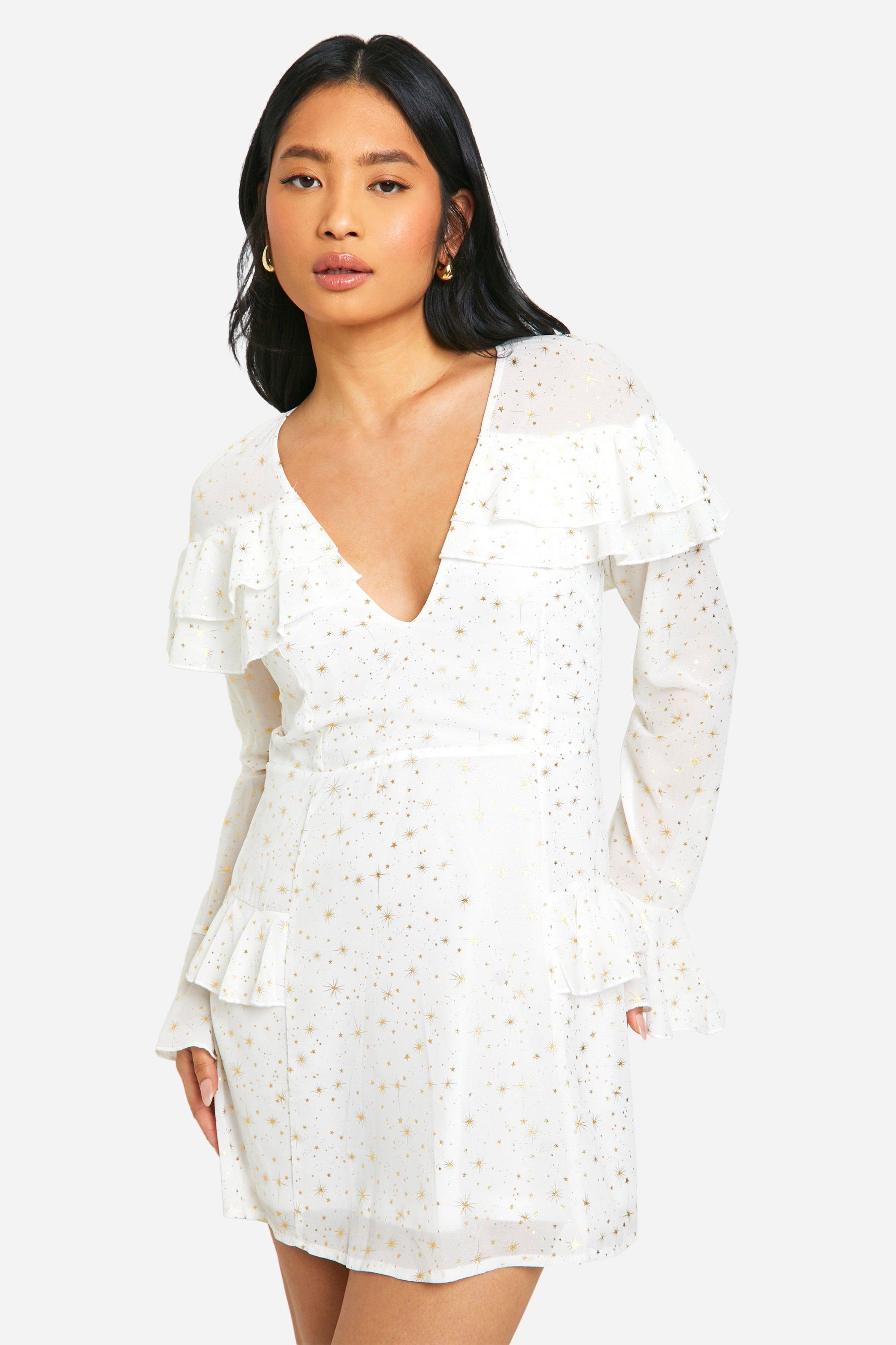 Petite Star Ruffle Detail Plunge Mini Dress, Bianco