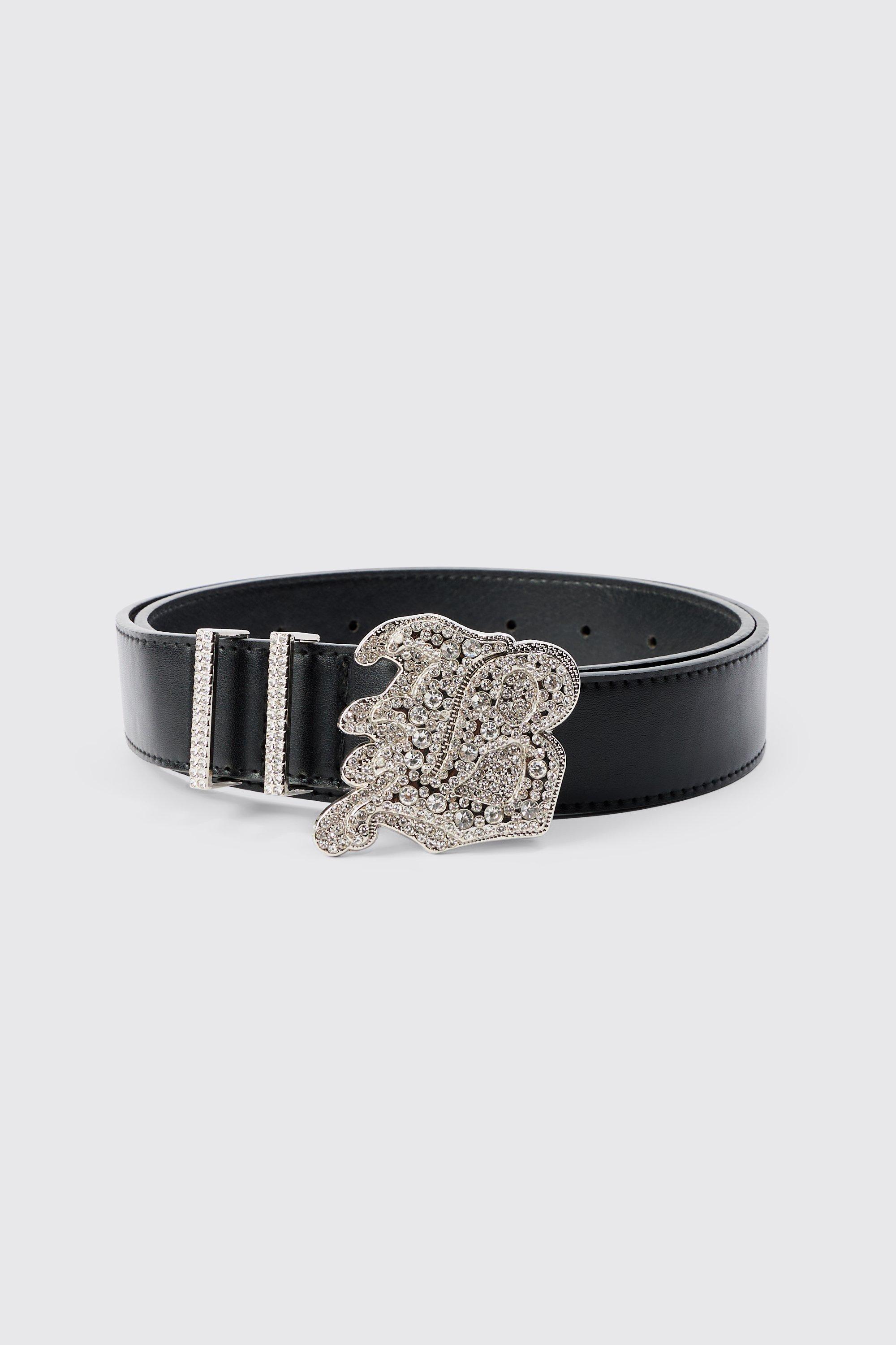 Faux Leather Belt With B Branded Buckle In Black, Nero