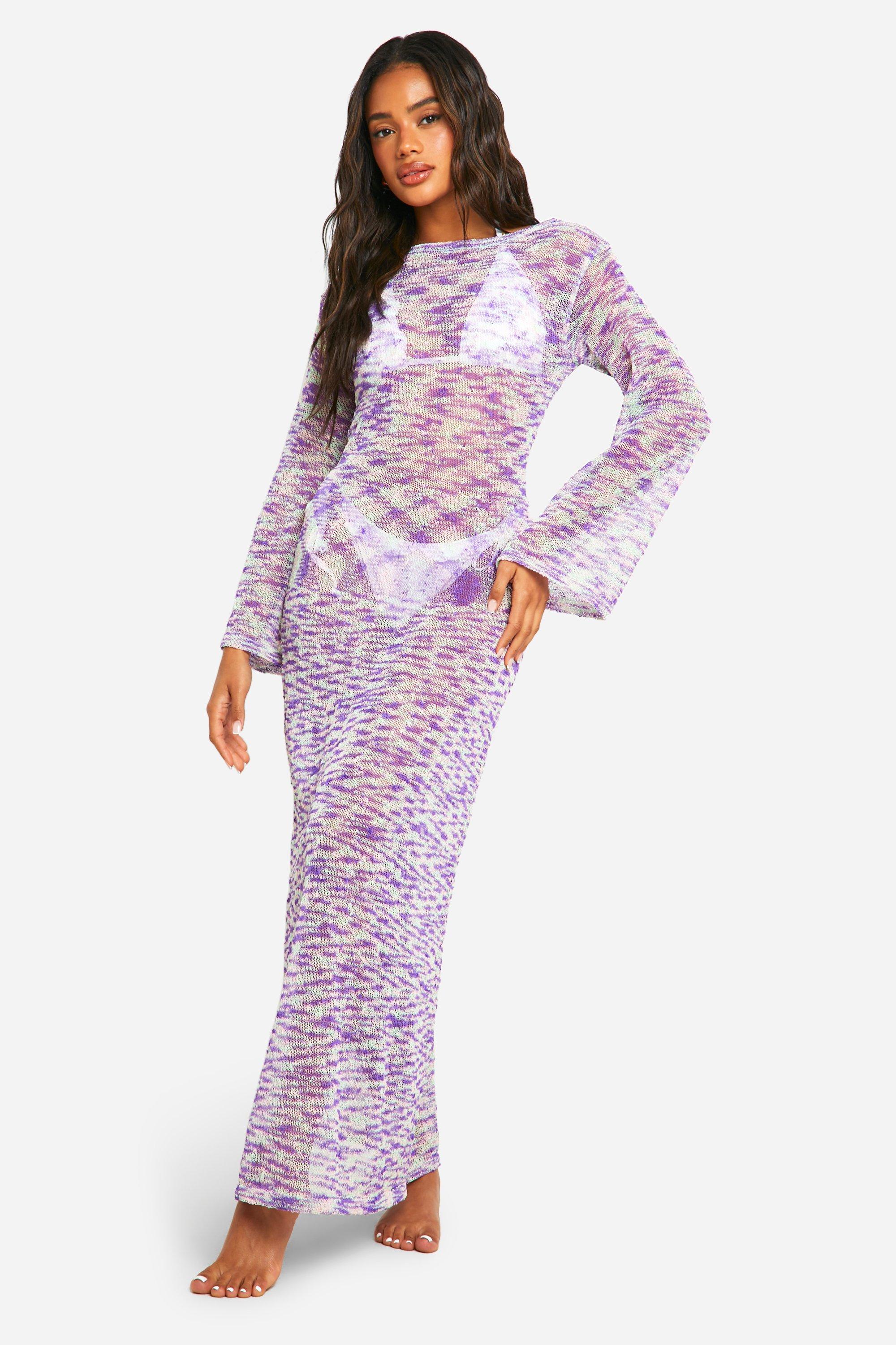 Multi Popcorn Crochet Open Back Beach Maxi Dress, Purple