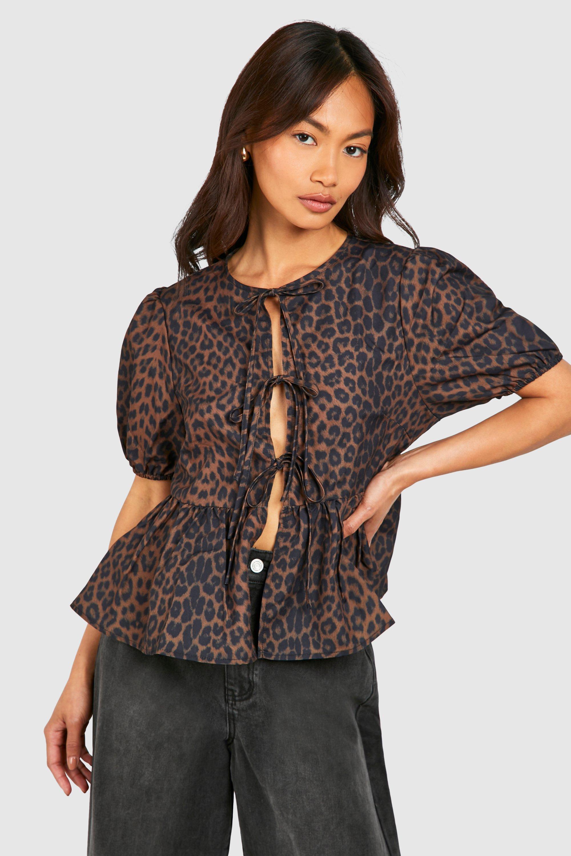 Leopard Puff Sleeve Bow Tie Top, Brown