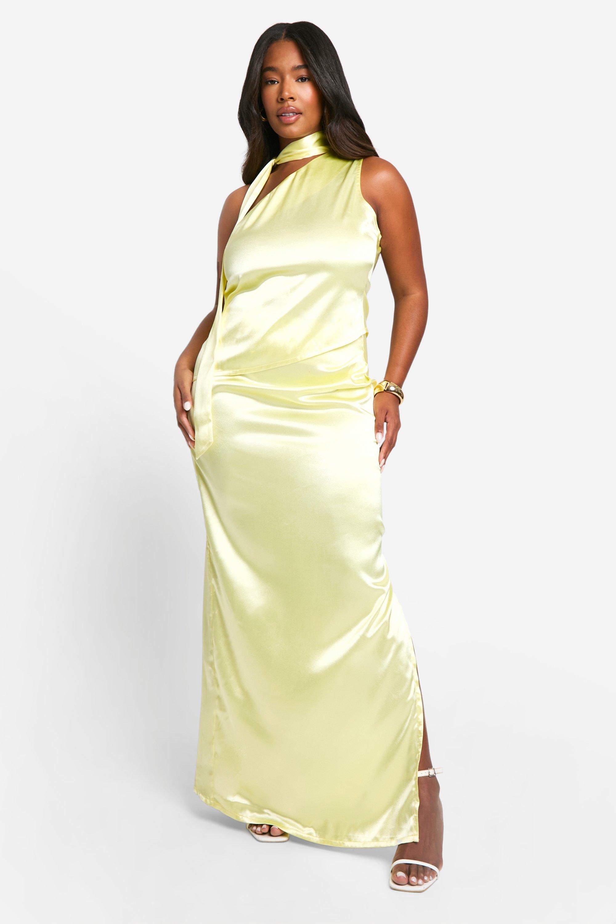 Plus Premium Satin One Shoulder Top & Maxi Skirt Co-ord, Giallo