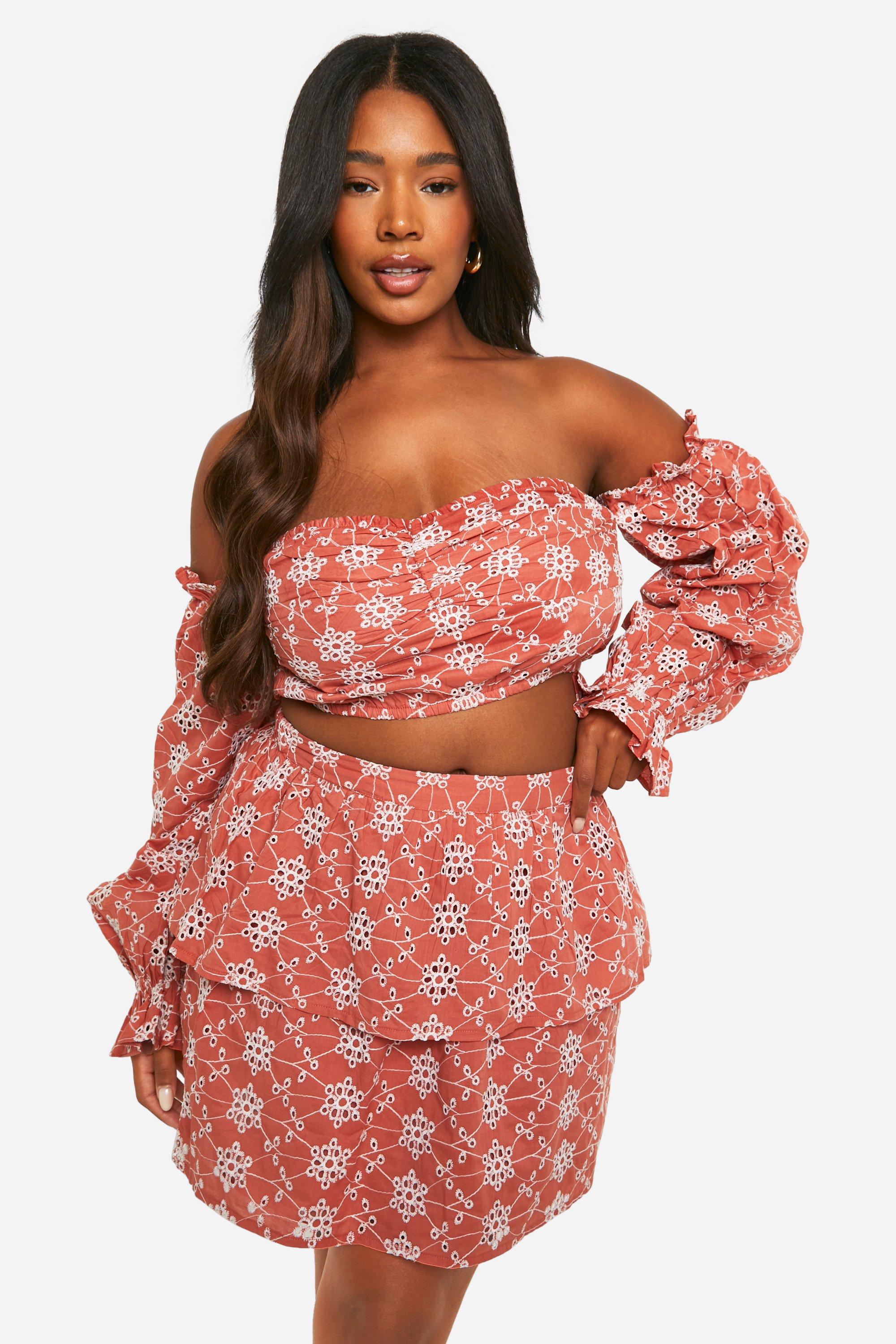 Plus Broderie Tiered Frill Mini Skirt, Arancio