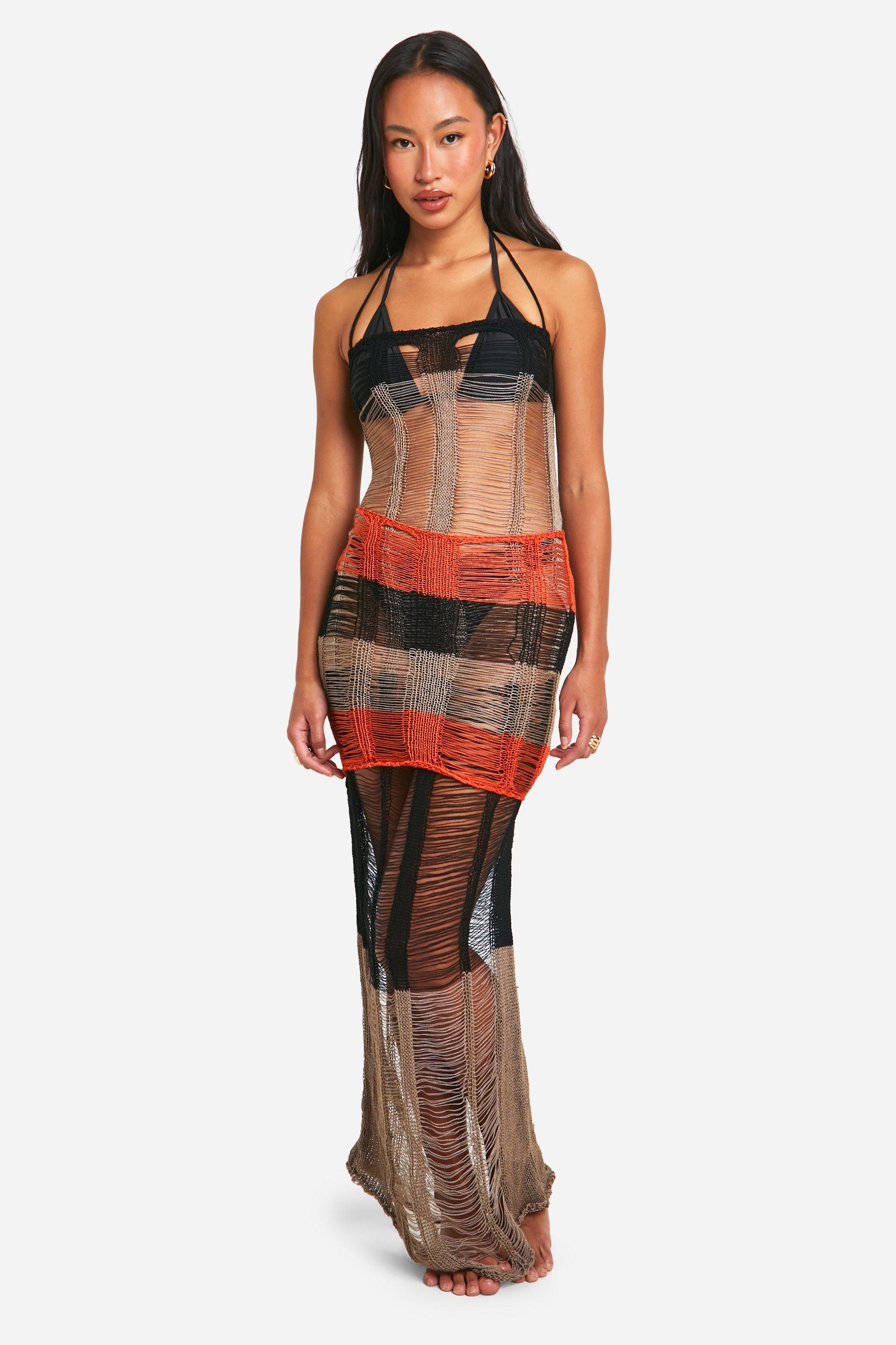 Ladder Knit Colour Block Beach Maxi Dress, Brown