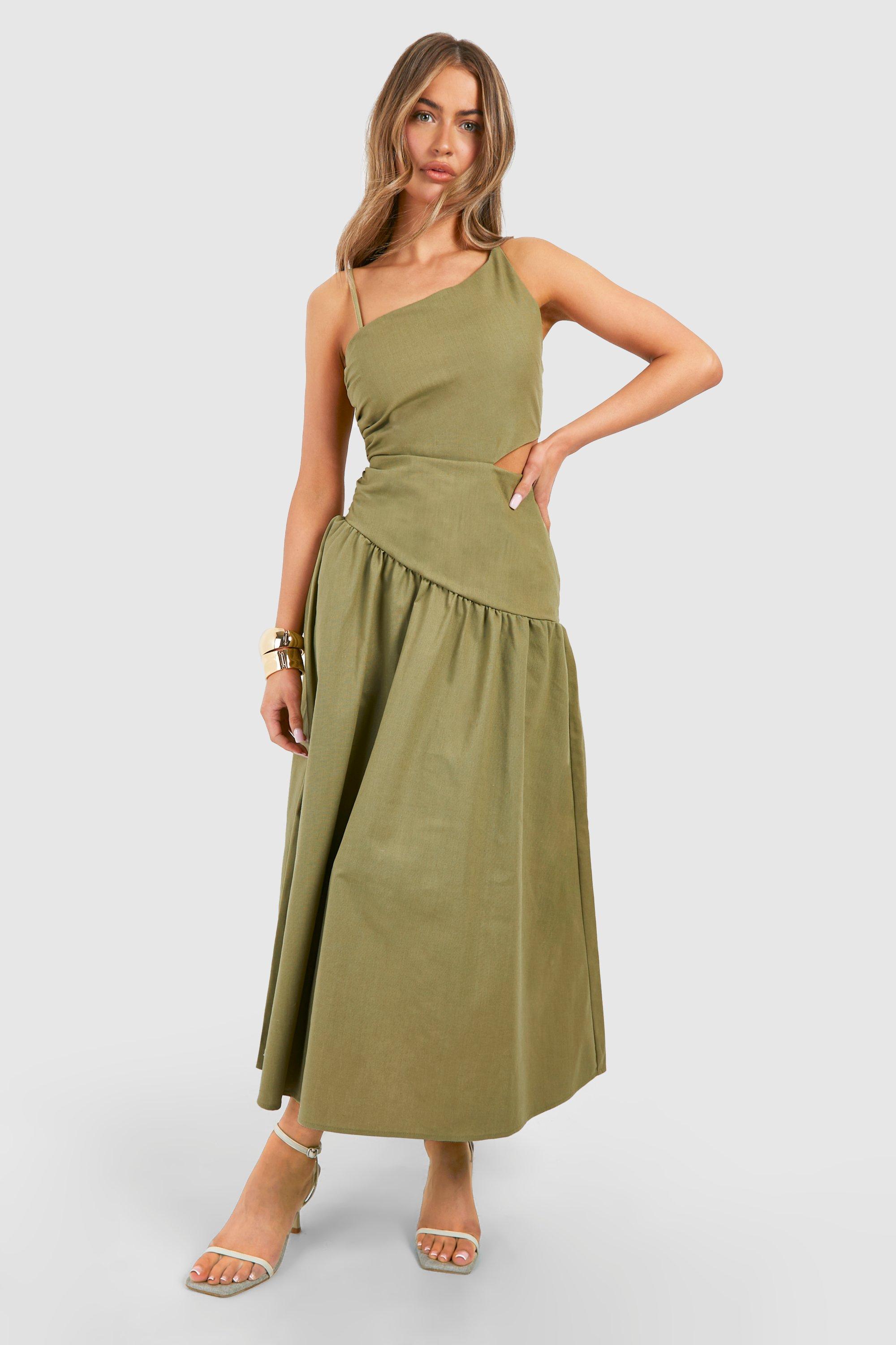 Linen Cut Out Asymmetric Midaxi Dress, Verde