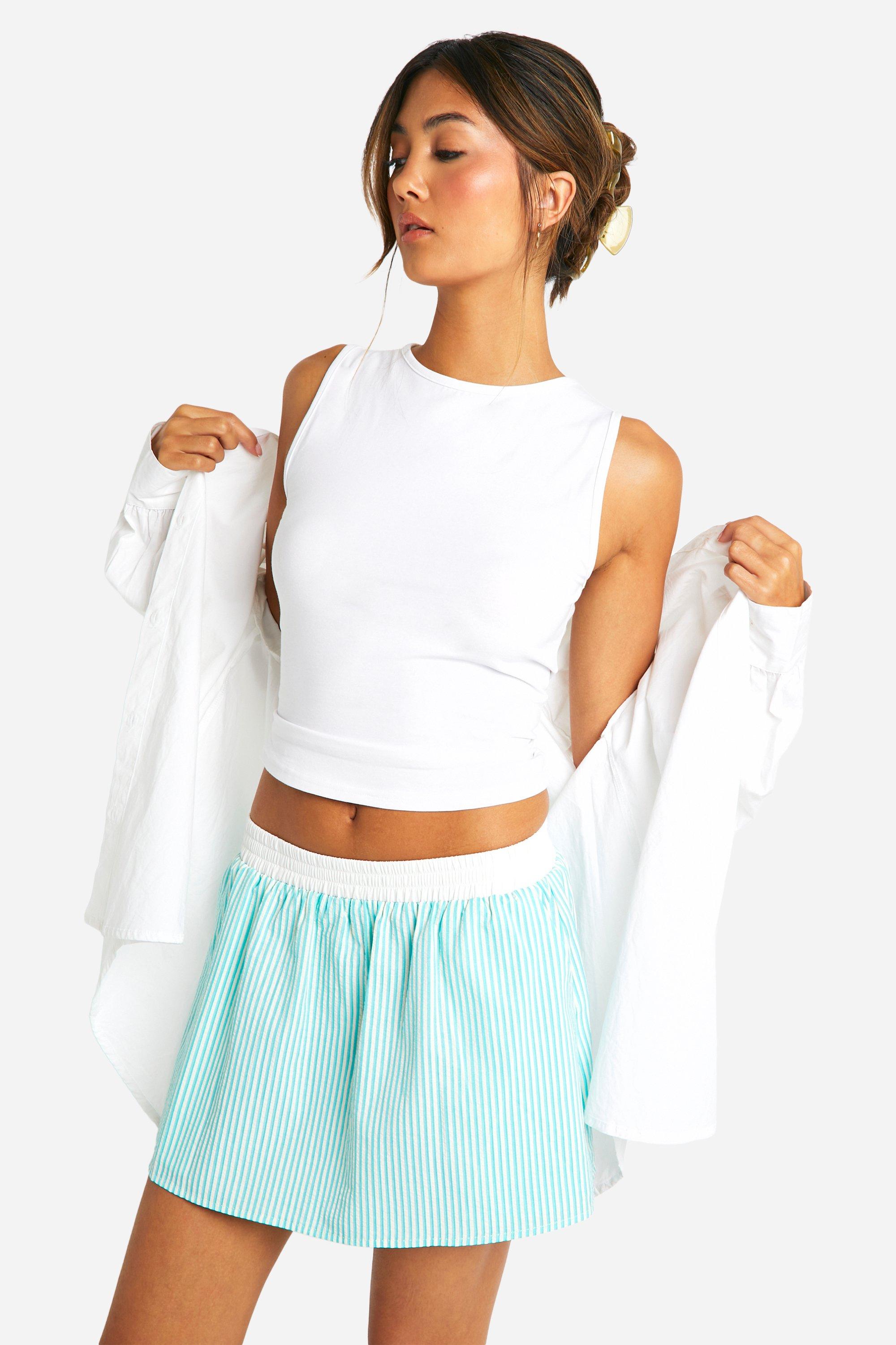 Contrast Waistband Striped Mini Skirt, Azzurro