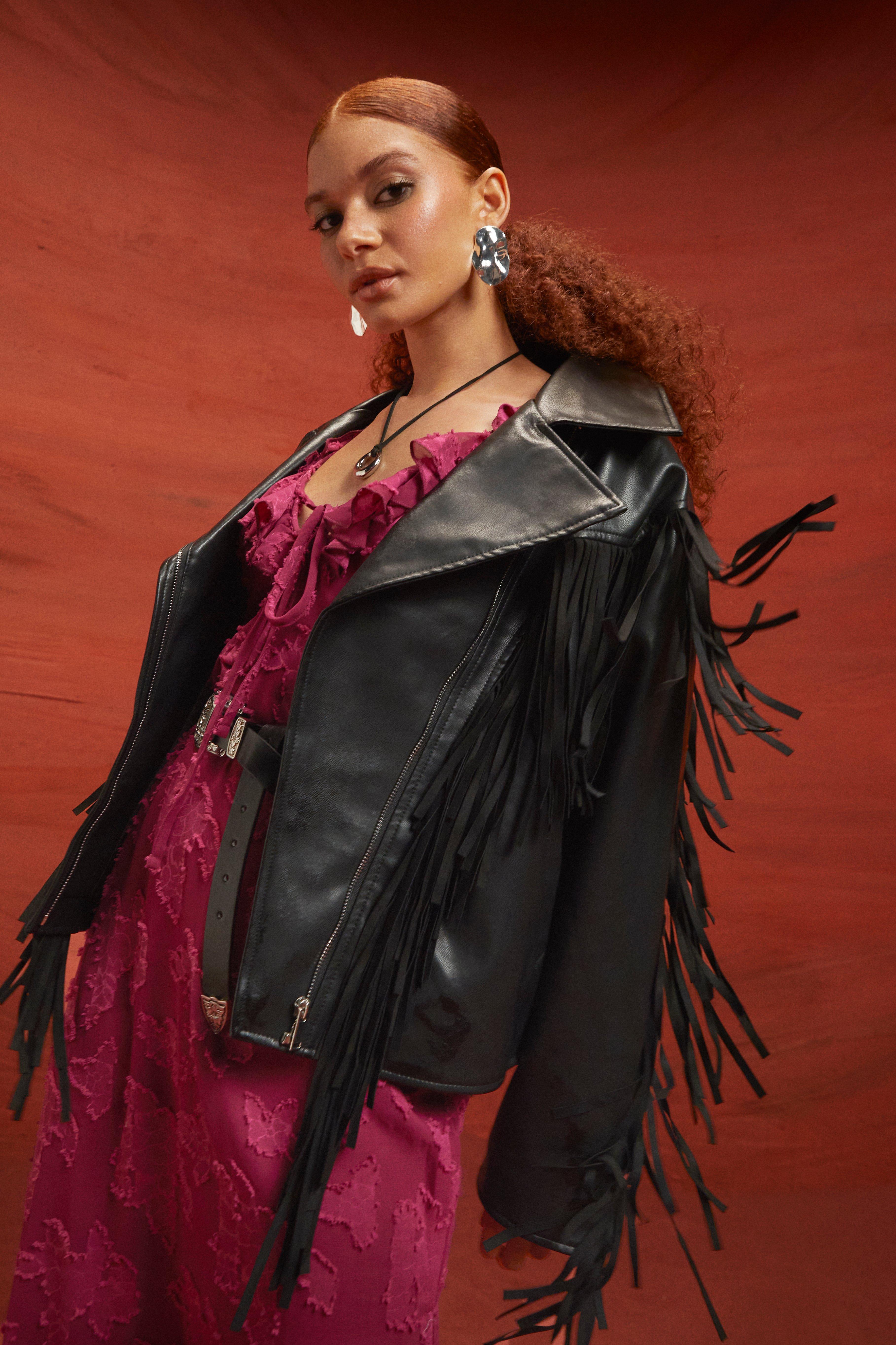 Fringe Detail Faux Leather Biker Jacket, Nero