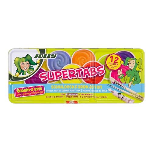Jolly Supertabs 12Er Classic, Scatola Dei Colori Per La Scuola, 21 Colori Per La Copertina, Incl. Bianco Opaco E 2 Pennelli In Custodia Metallica, Col