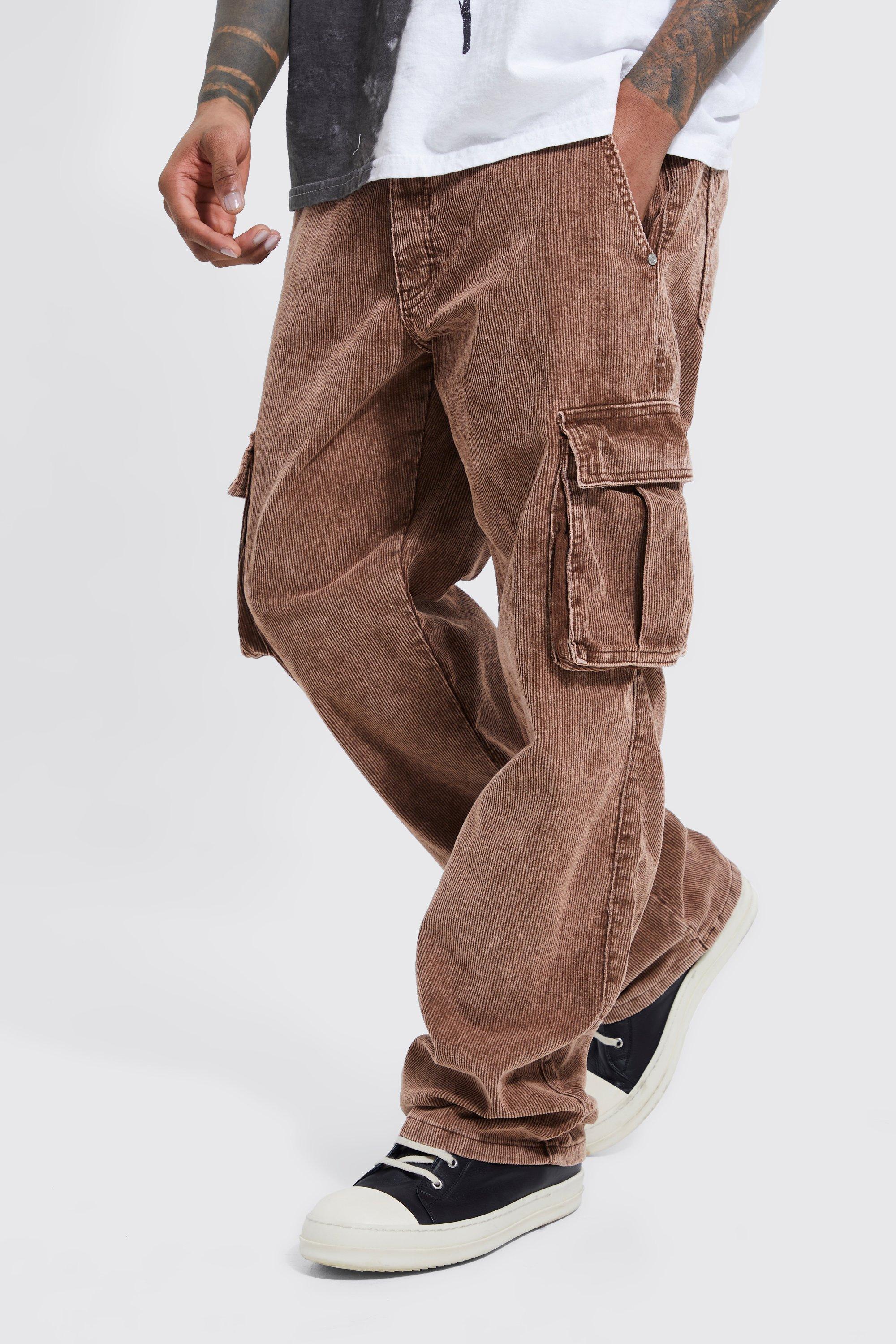 Acid Wash Relaxed Cord Cargo Trouser, Brown