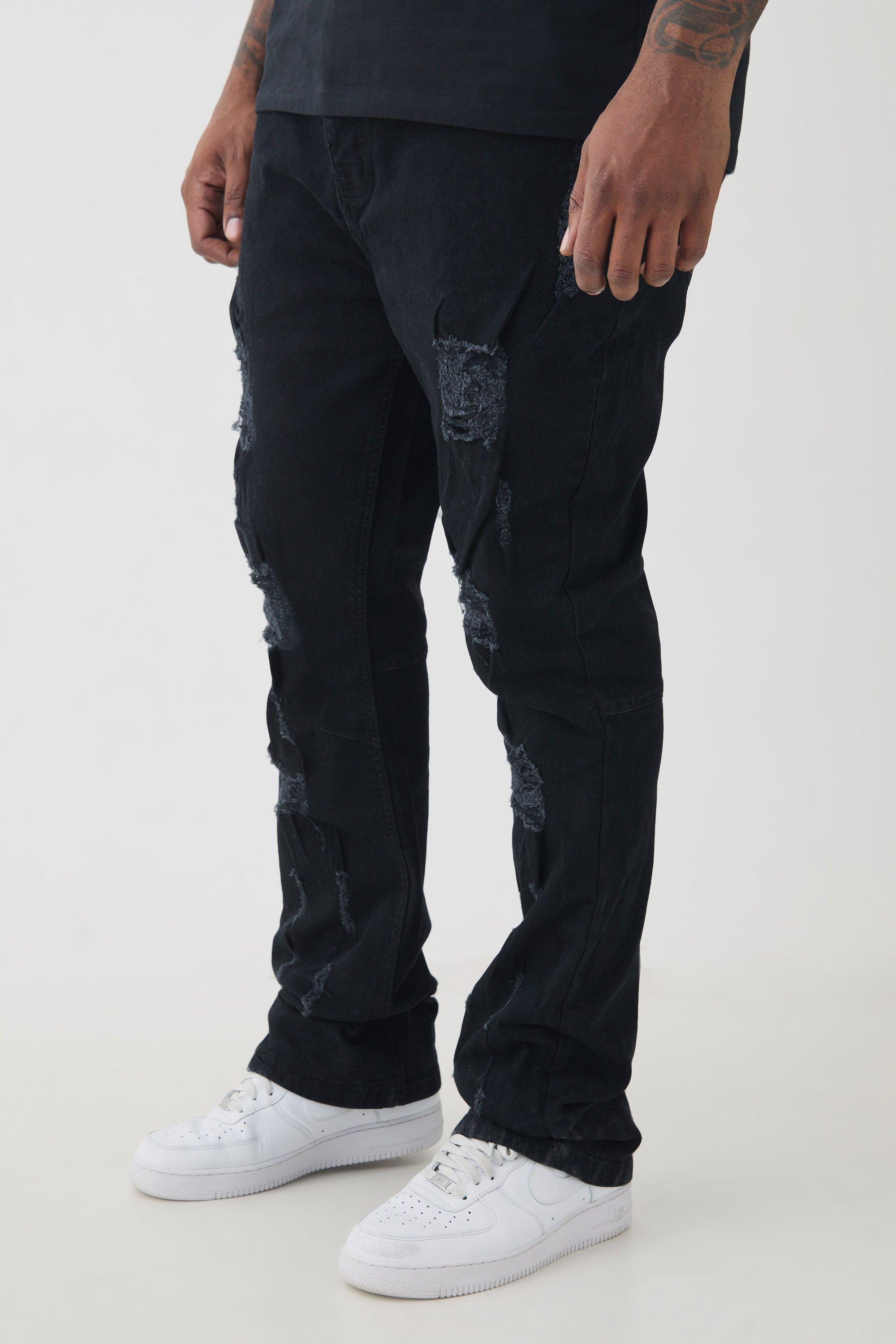 Plus Distressed Multi Ripped Skinny Flared Jeans, Nero