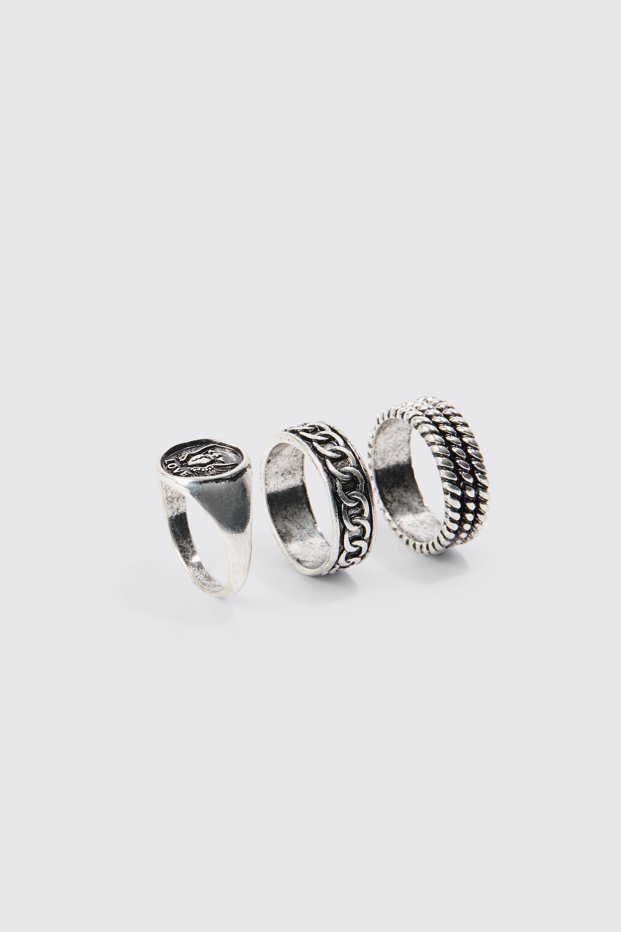 3 Pack Embossed Rings In Silver, Grigio