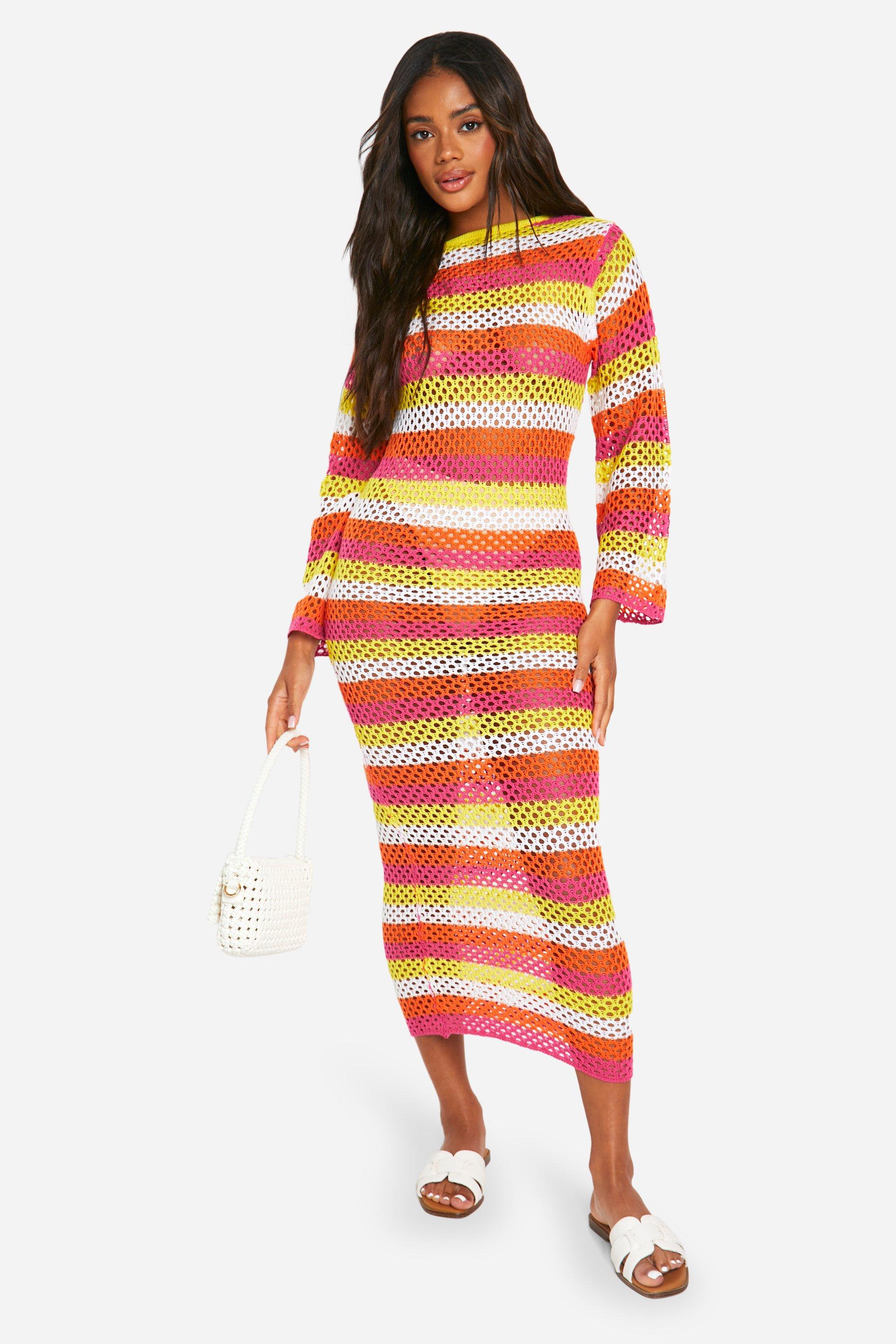 Stripe Crochet Scoop Maxi Knitted Maxi Dress, Pink