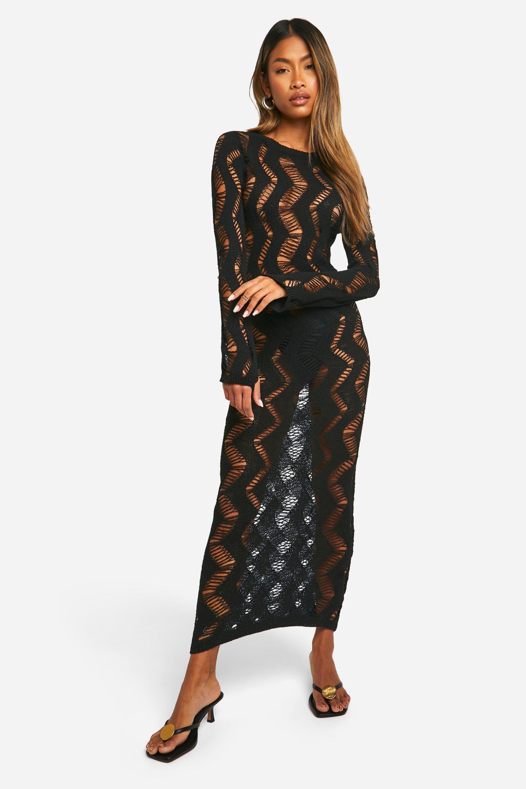 Chevron Ladder Scoop Back Maxi Dress, Nero