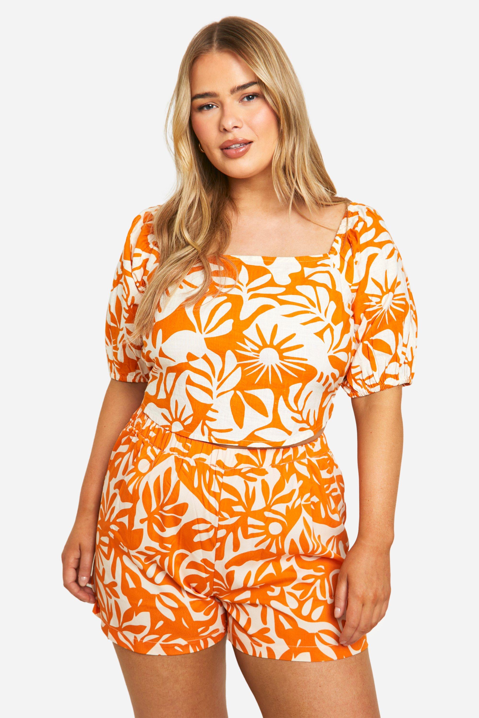 Plus Tropical Print Shorts, Arancio