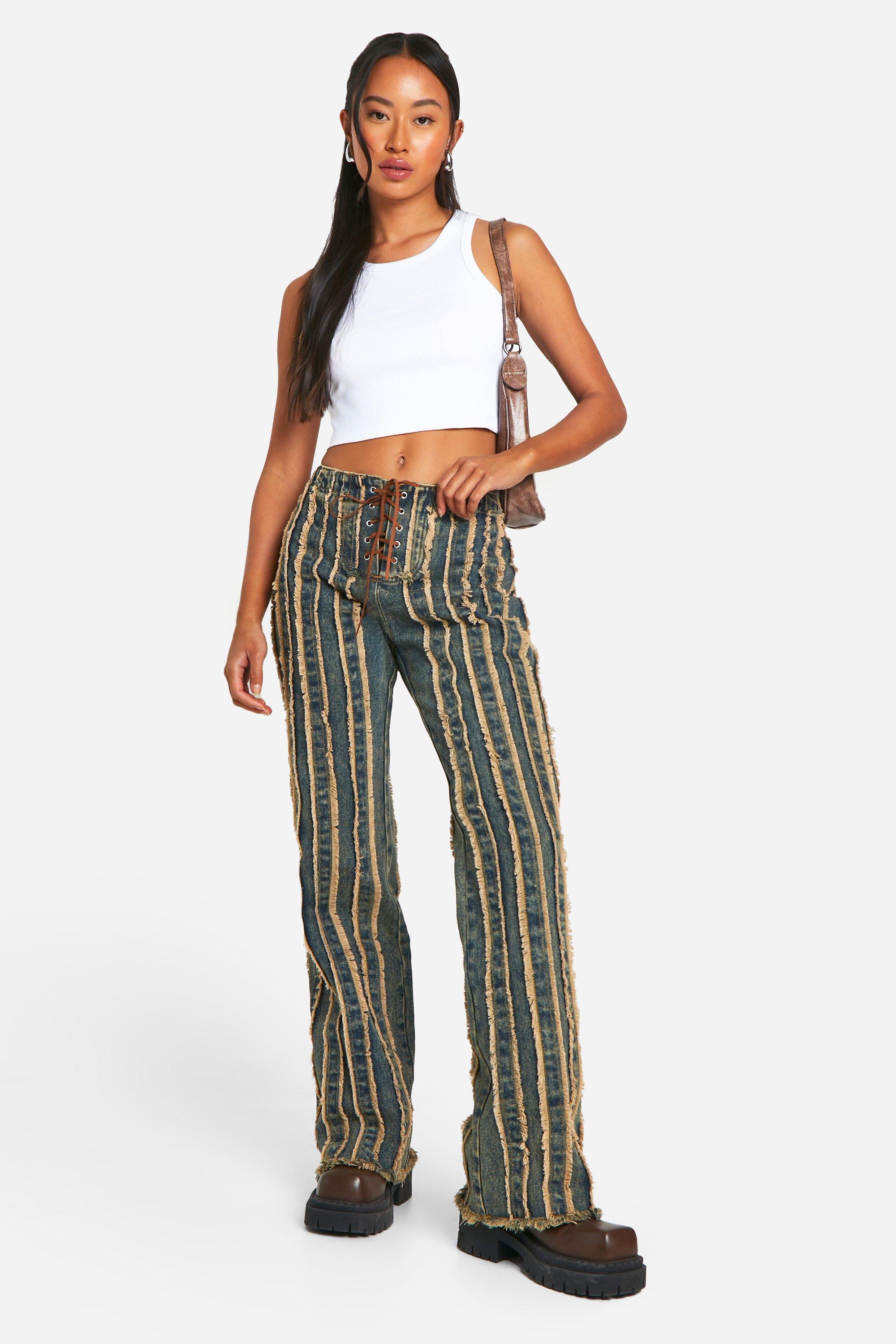Lace Up Distressed Seam Jeans, Azzurro