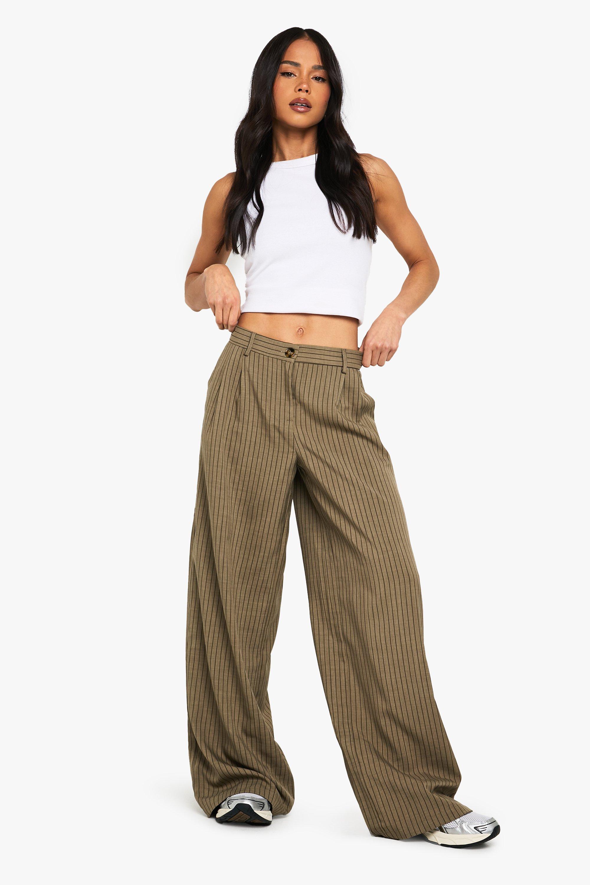 Textured Pinstripe Wide Leg Trousers, Beige
