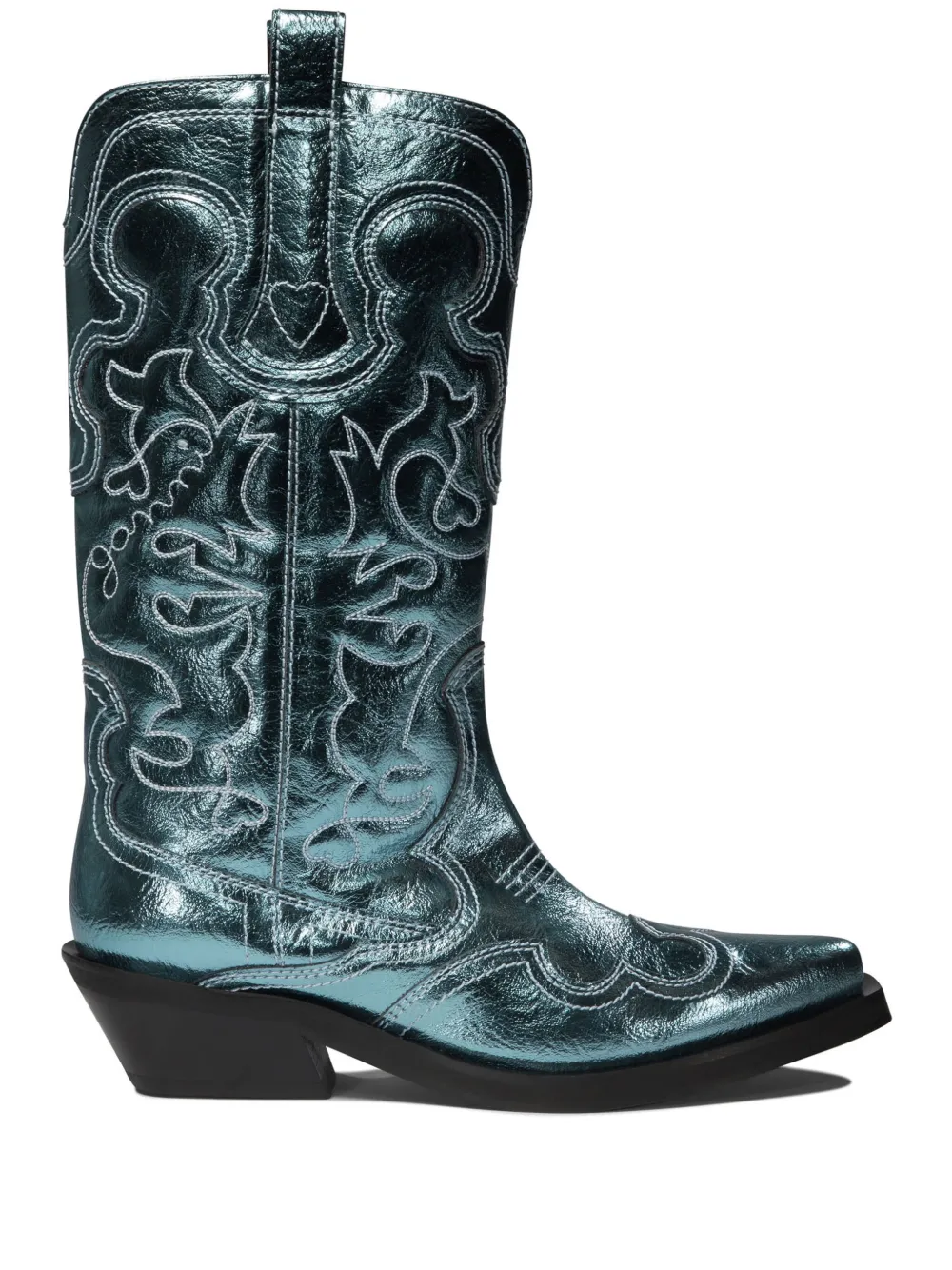 GANNI embroidered leather western boots - Blu
