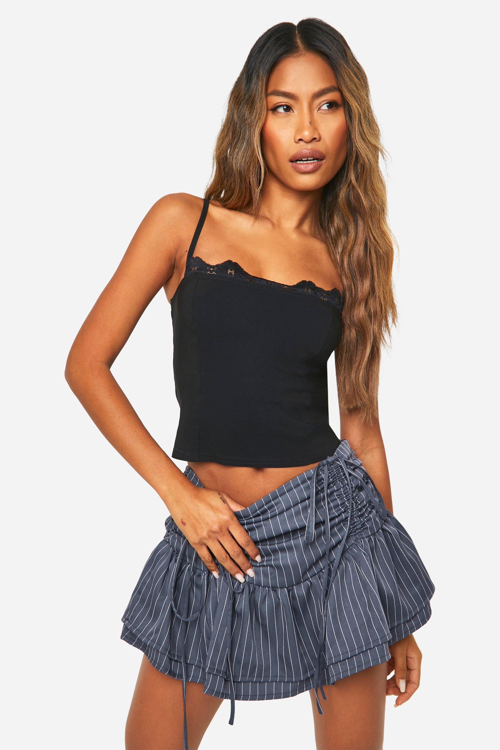 Ruched Pinstripe Micro Mini Skirt, Navy