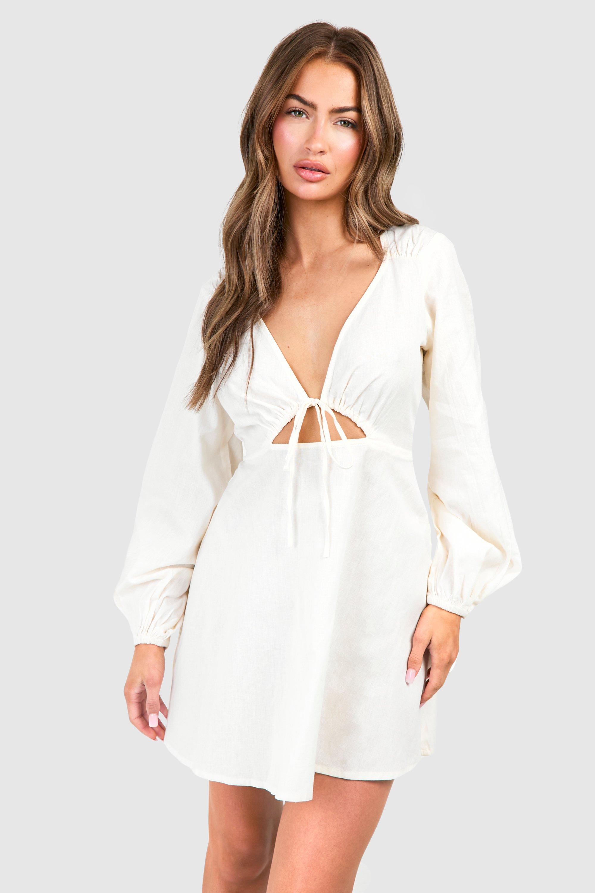 Linen Tie Front Puff Sleeve Mini Dress, Beige