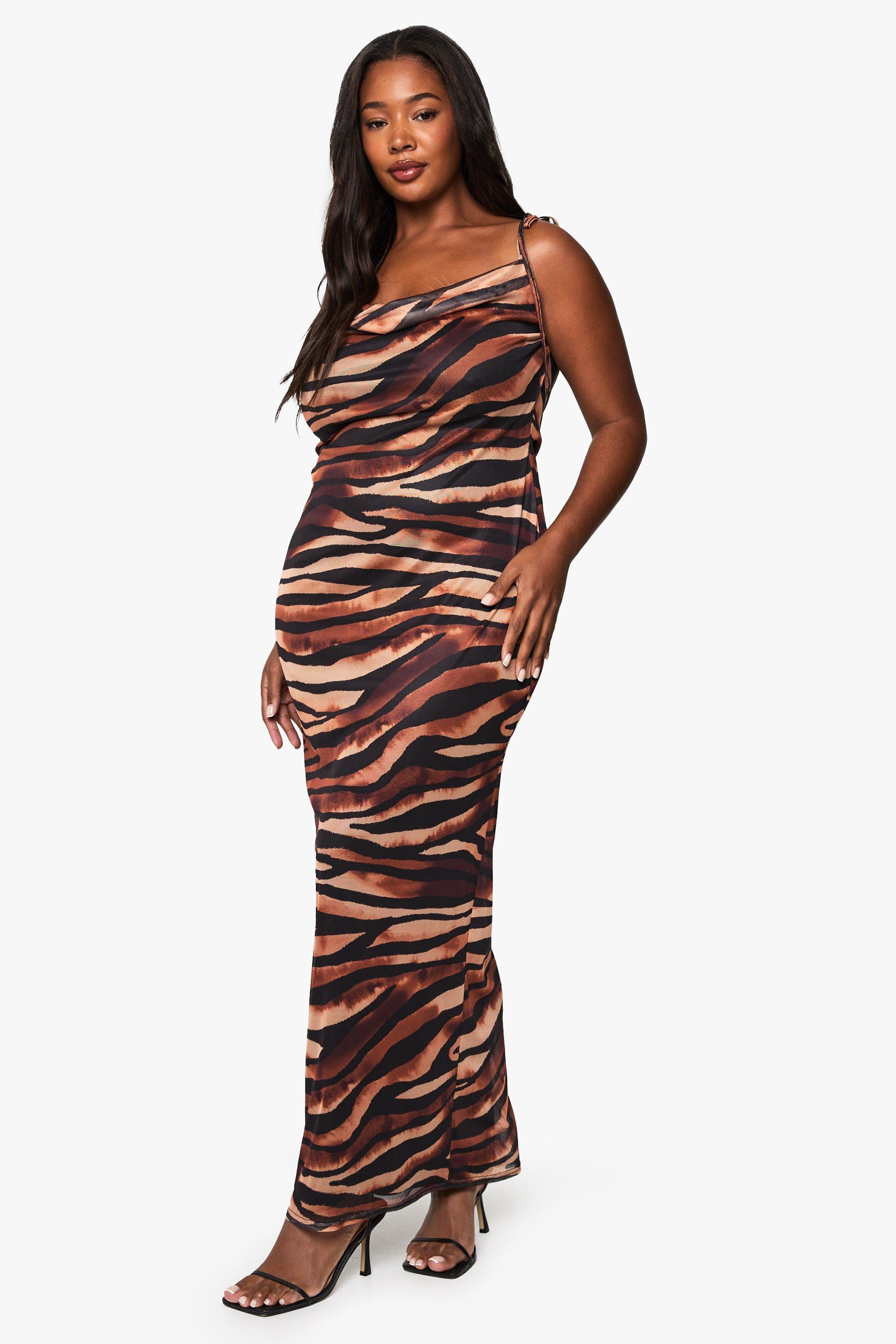 Plus Zebra Print Cowl Neck Maxi Dress, Brown