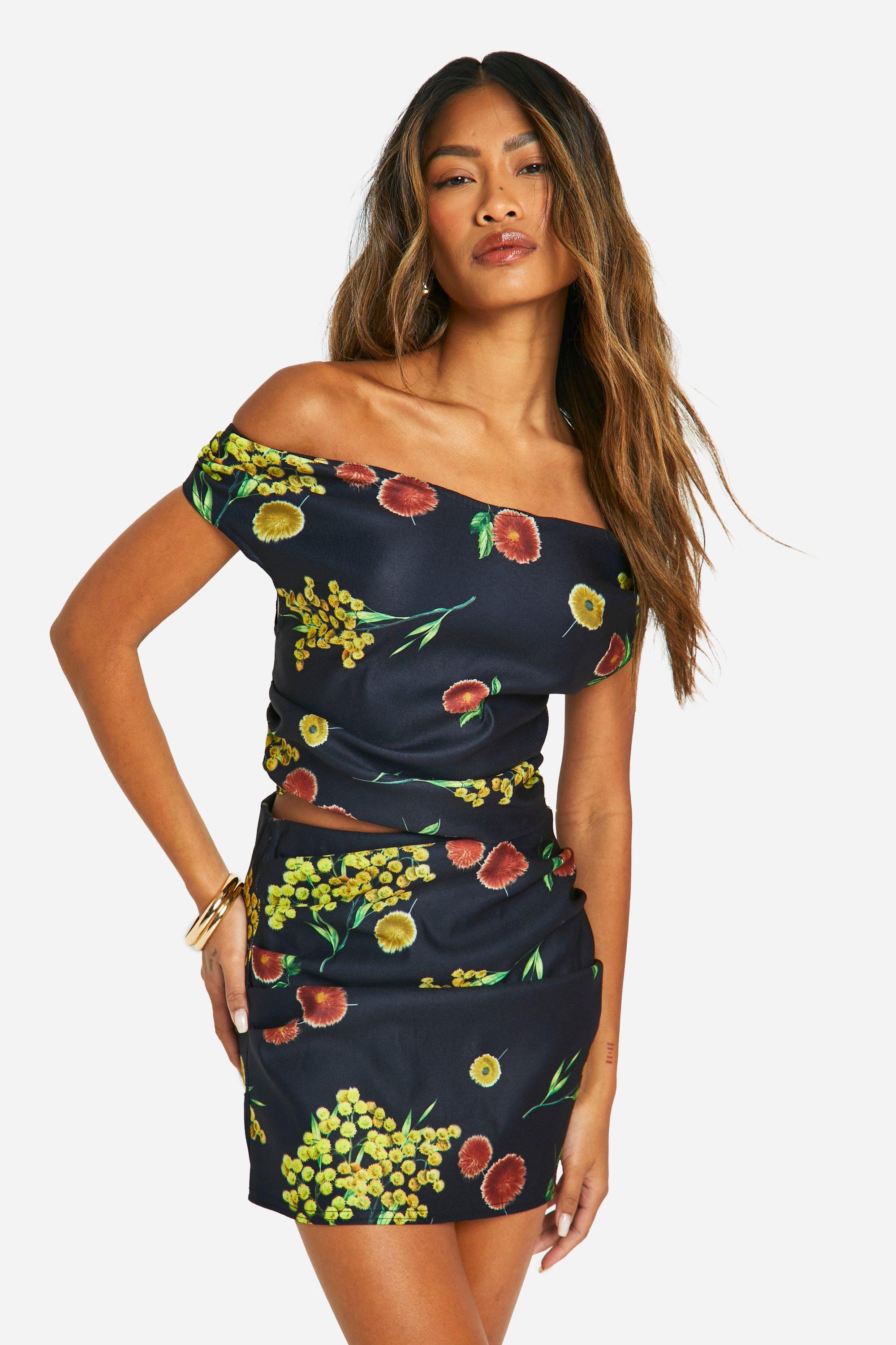Printed Ruched Side Floaty Mini Skirt, Nero