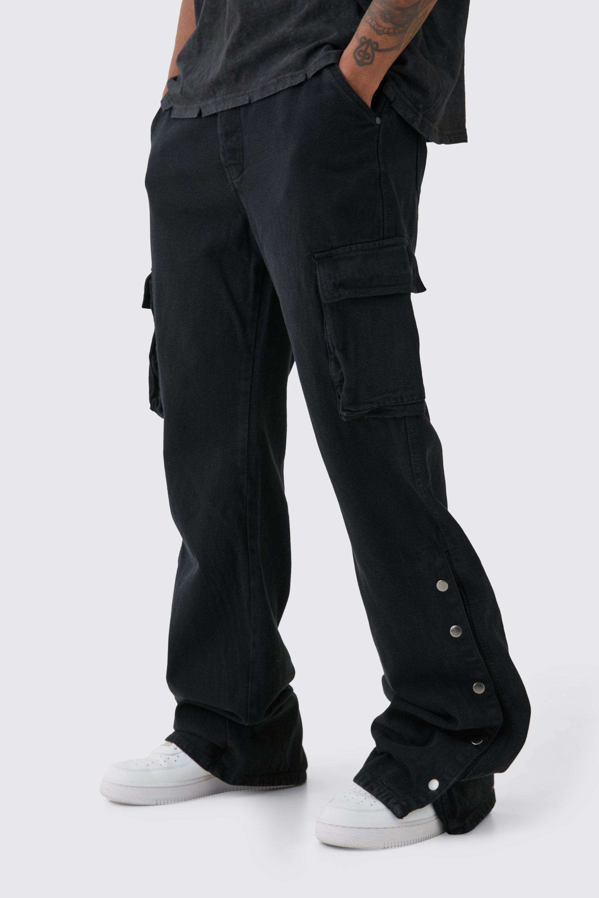 Tall Relaxed Flare Overdye Popper Hem Cargo Trouser In Black, Nero