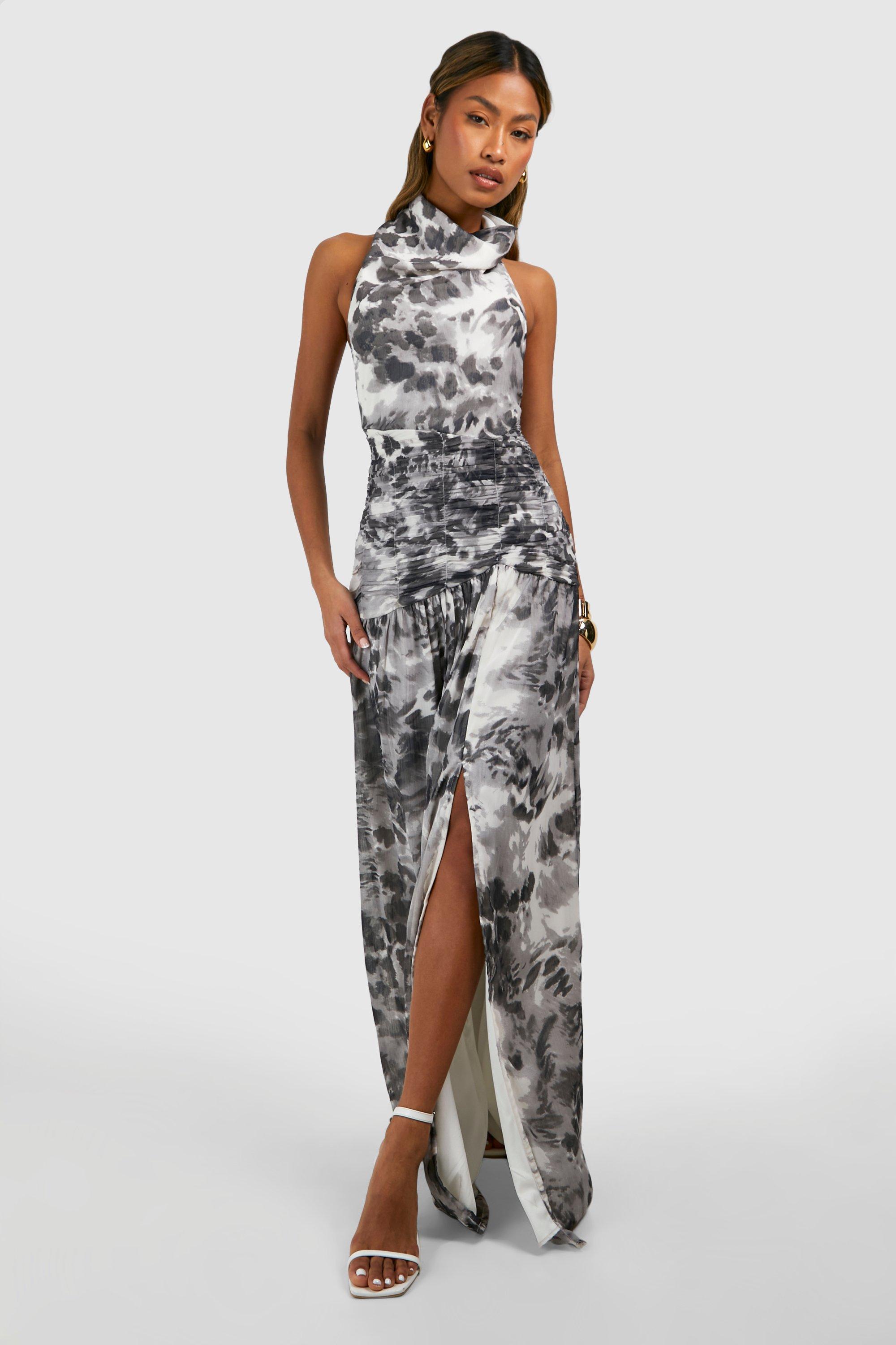 Chiffon Maxi Leopard Print Halterneck Dress, Nero