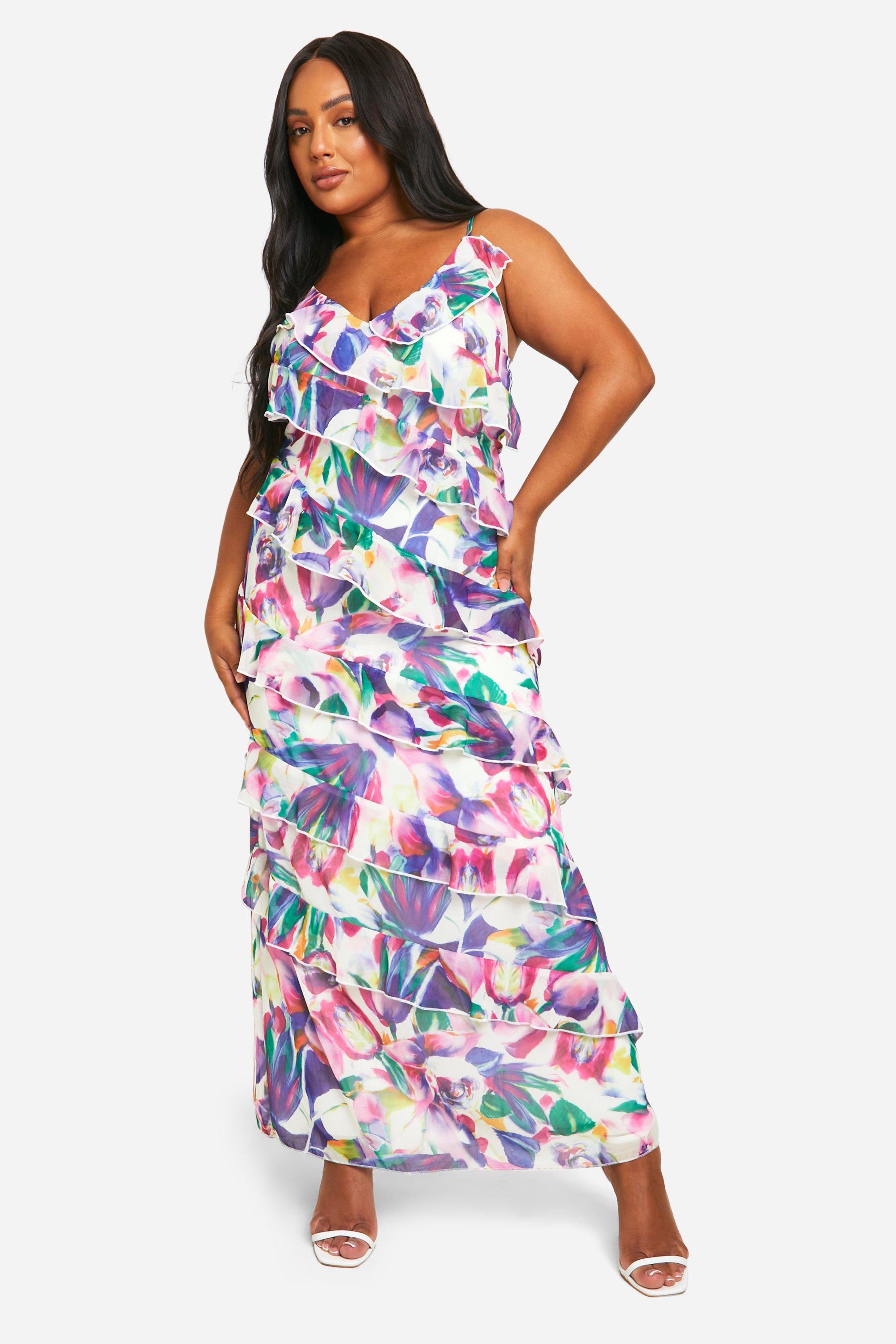 Plus Floral Ruffle Asymmetric Maxi Dress, Multi