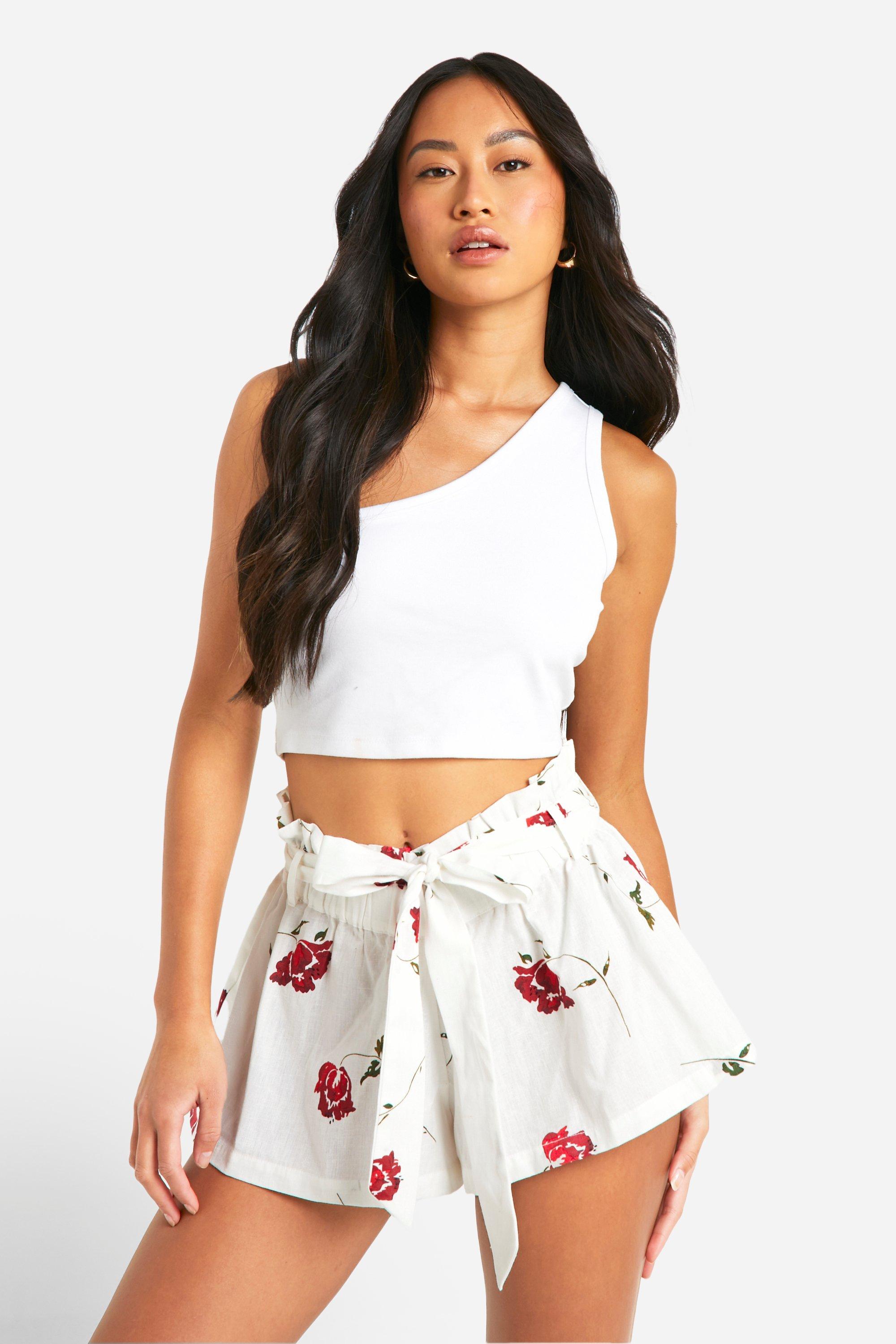 Belted Floral Cotton Mini Skirt, Bianco