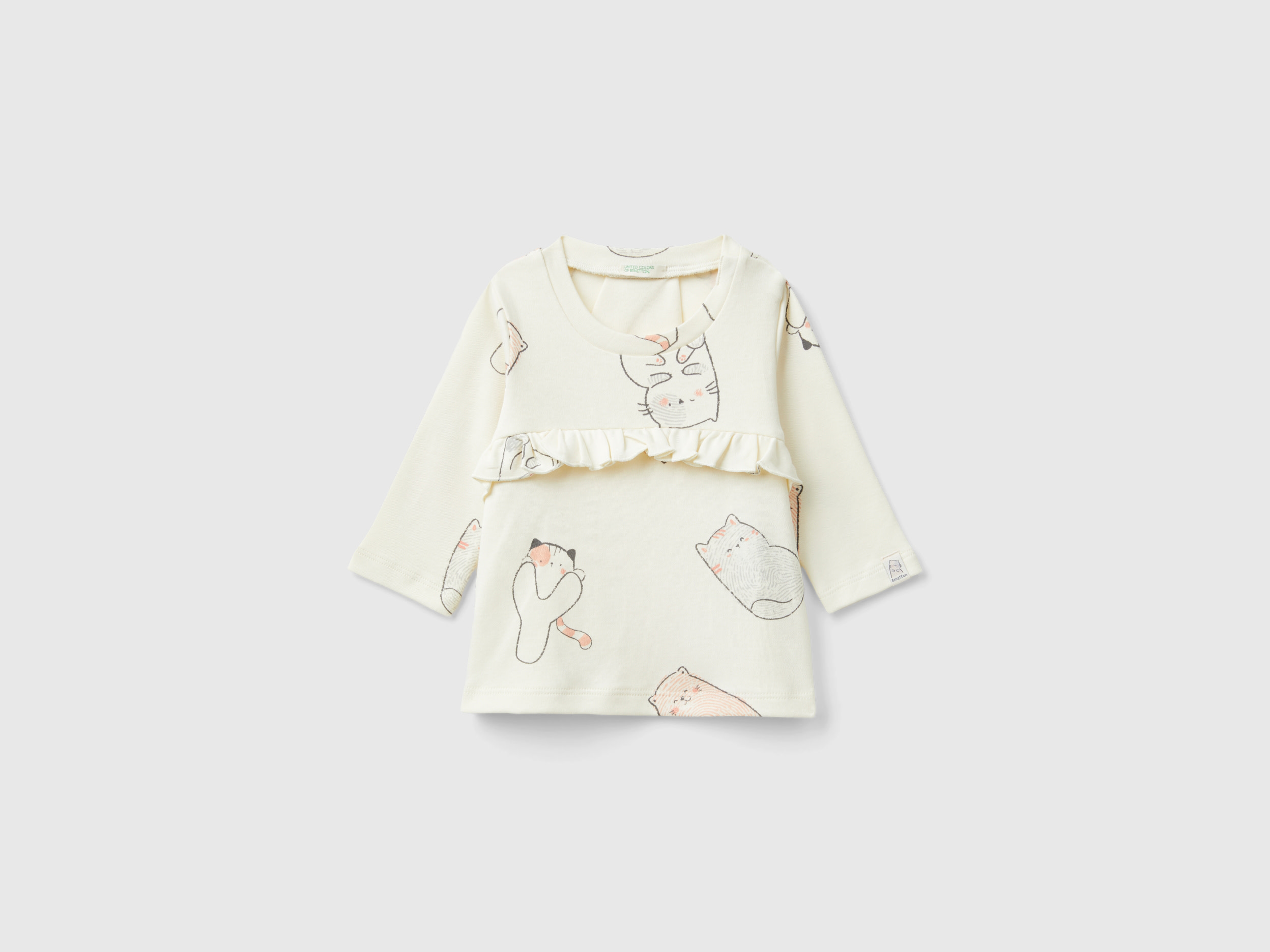 Benetton, T-shirt Gattini In Puro Cotone, Bianco Panna, Bambini
