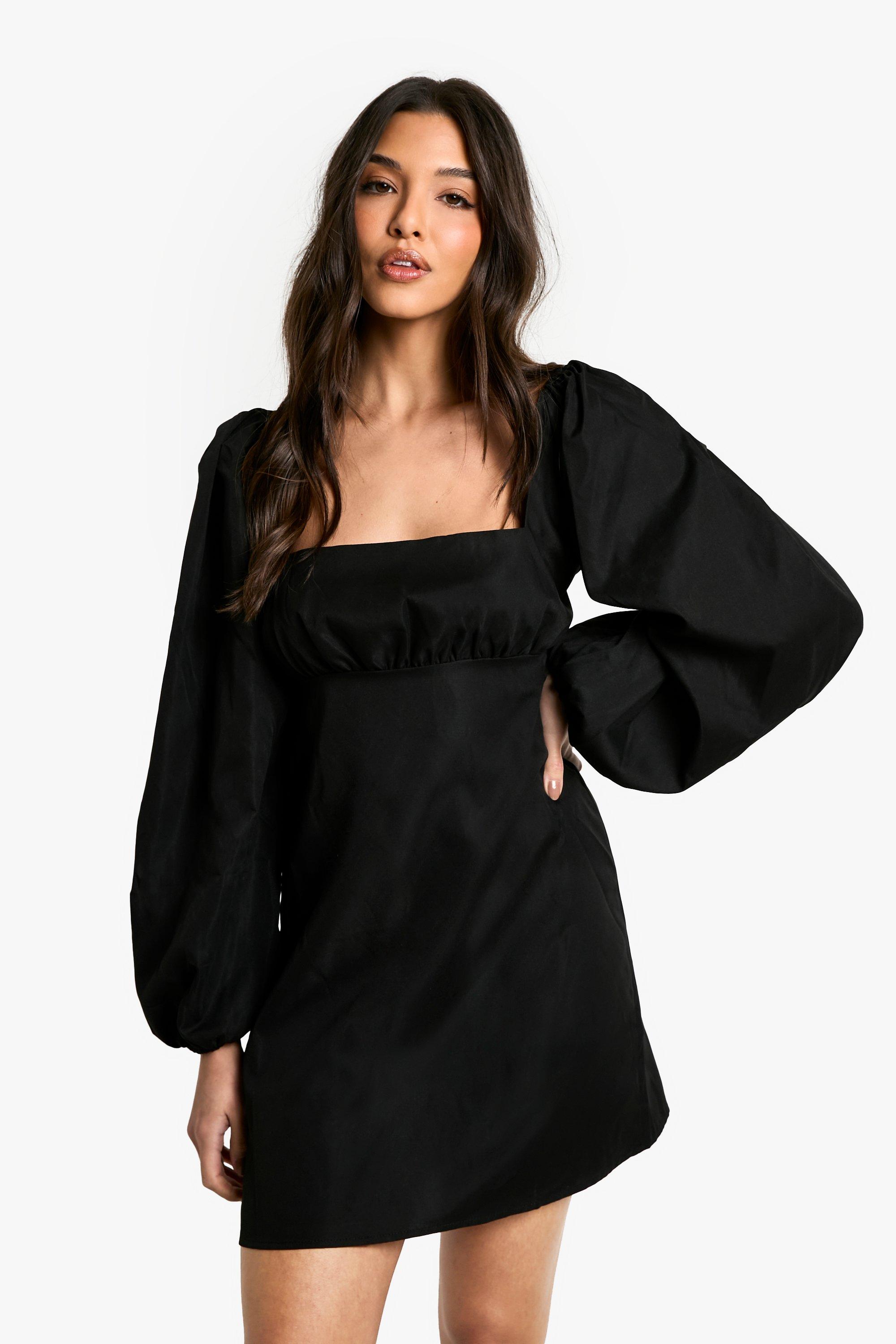 Long Puff Sleeve Mini Dress, Nero