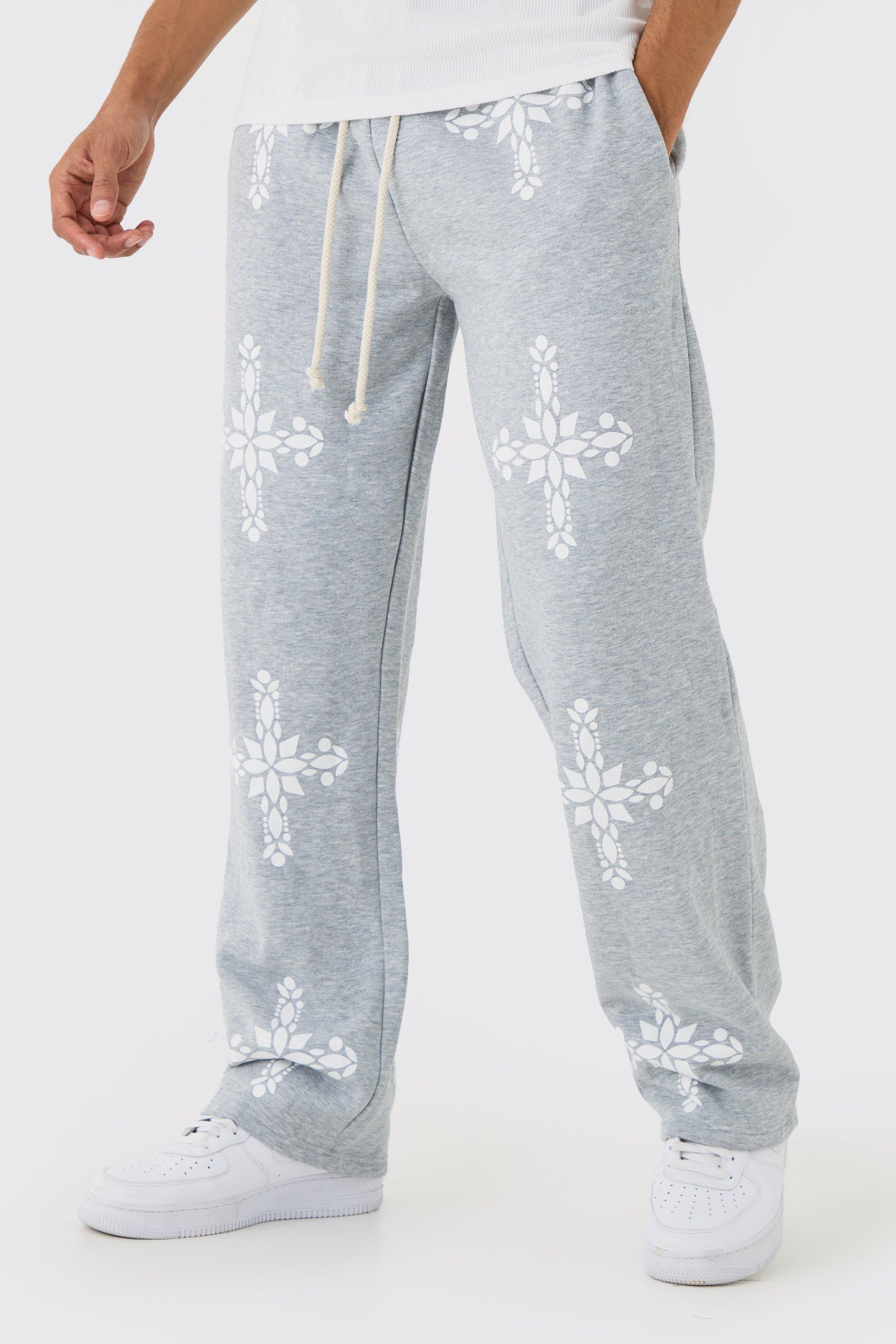 Pantaloni tuta rilassati con stampa gotica e croce, Grigio
