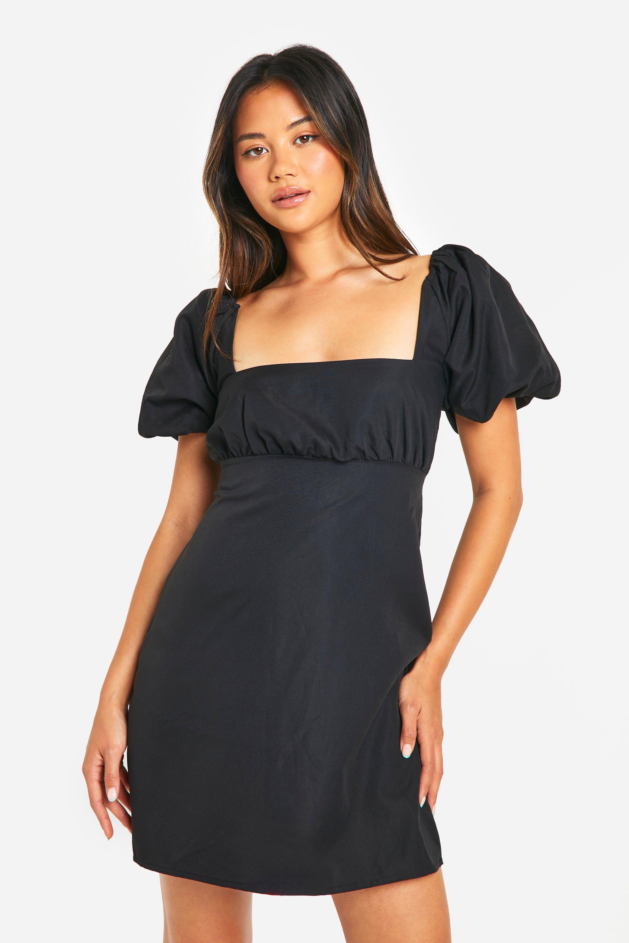 Puff Sleeve Mini Dress, Nero