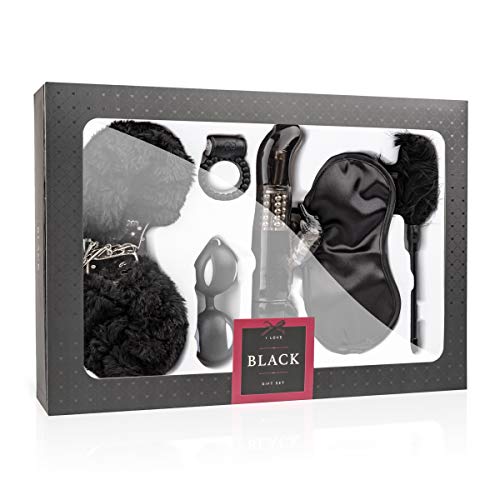 Loveboxxx - Confezione Regalo Erotica Deluxe, Edizione Limitata Nera, Set Da 6 Pezzi Nero Con Maschera Per Gli Occhi, Manette, Cockring E Vibratore