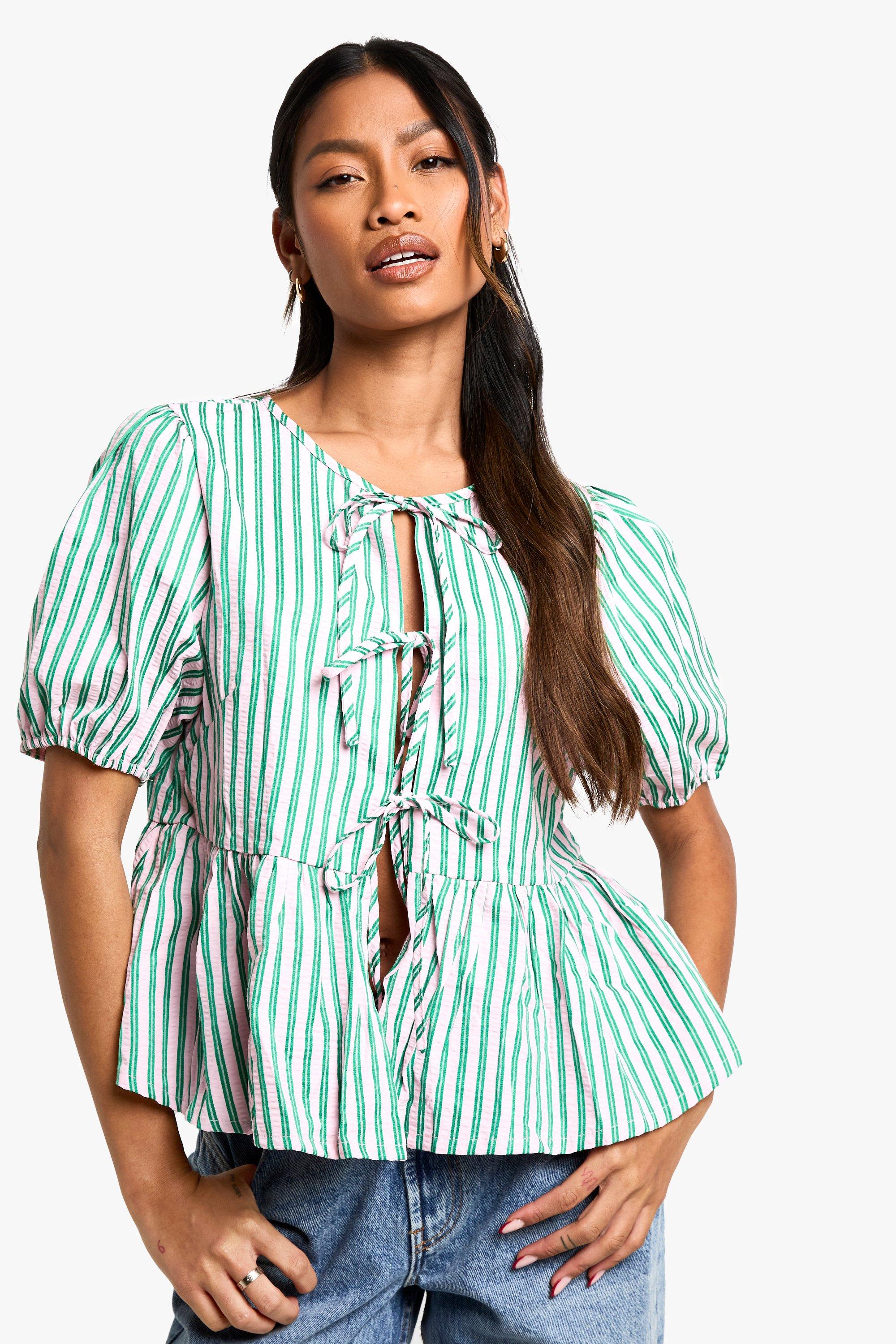 Wide Pink And Green Stripe Tie Front Puff Sleeve Smock Top, Pink