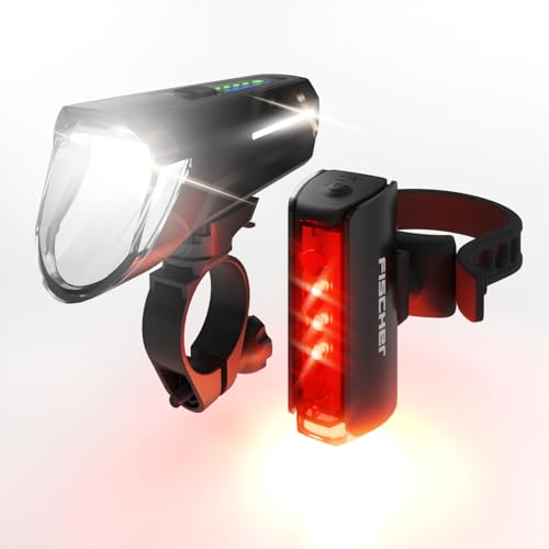 Fischer Set Di Luci A Led Per Bicicletta Twin Stop 110 Lux, Con Modalità Sensore, Regolazione Della Distanza Luminosa, Fino A 8 Ore, Colore Nero, 1 Pe