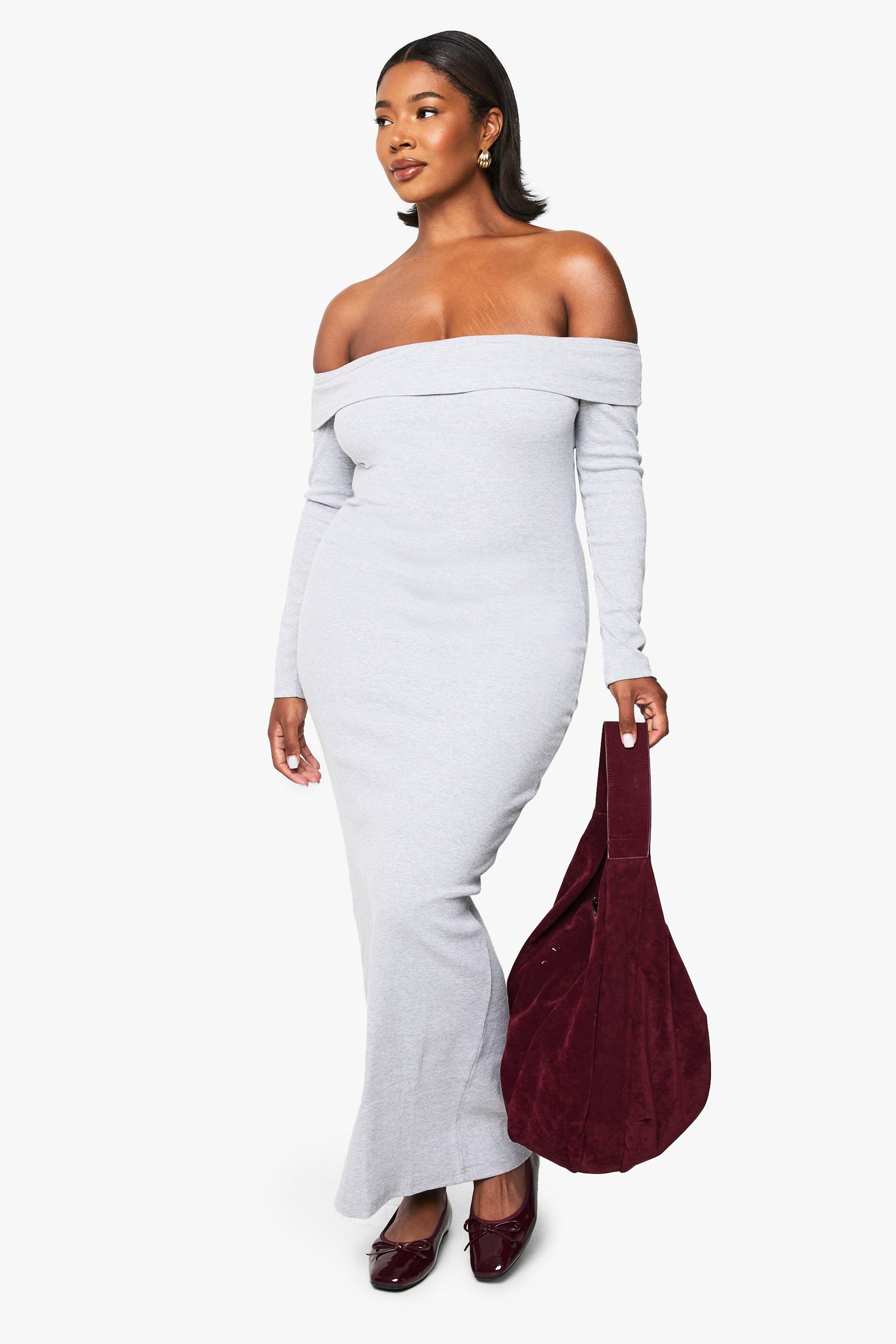Plus Basic Rib Bardot Maxi Dress, Grigio