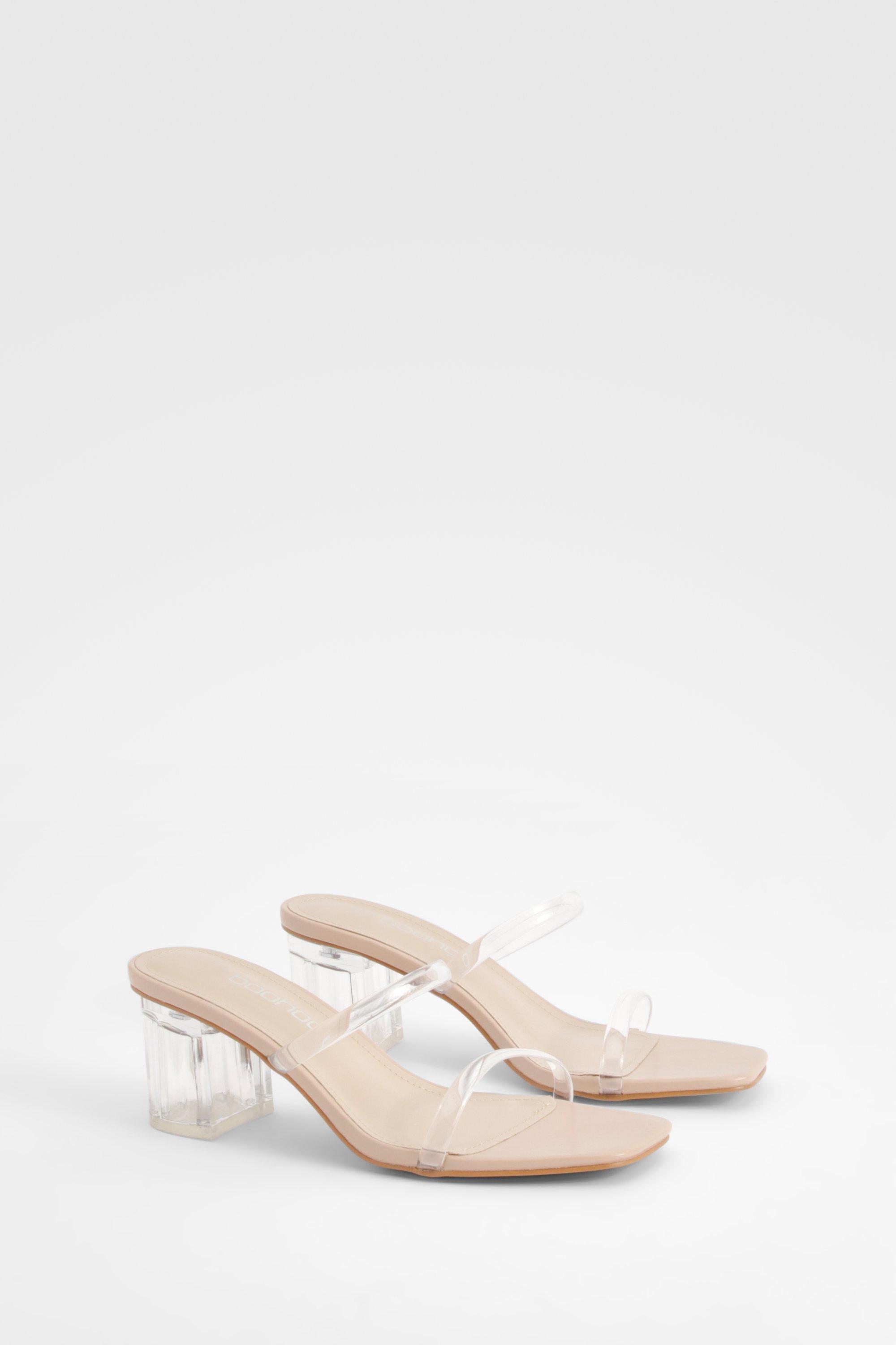 Sandali Mules a calzata ampia trasparenti con tacco basso a blocco, Beige