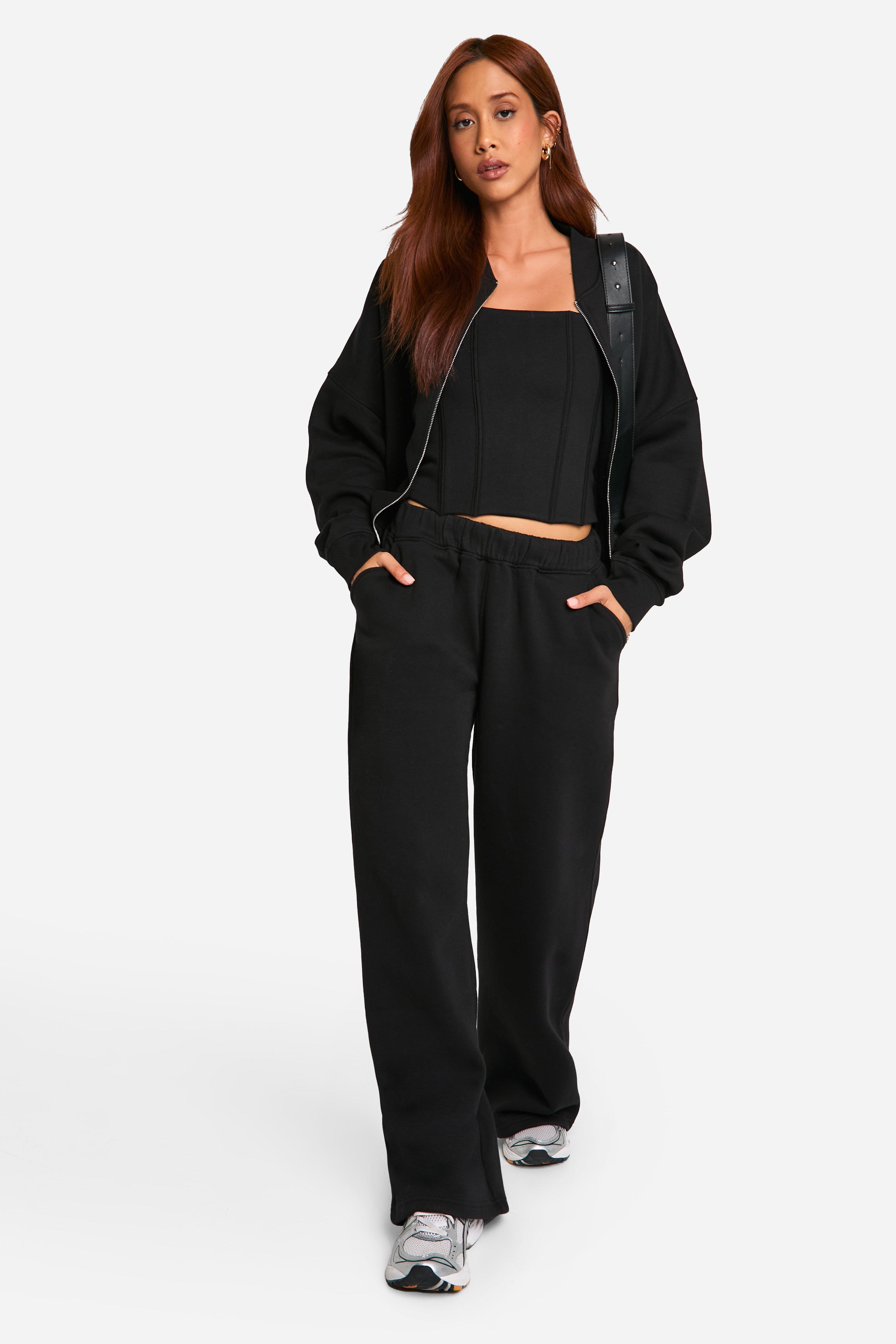 Corset Top 3 Piece Bomber Sweatshirt Tracksuit, Nero