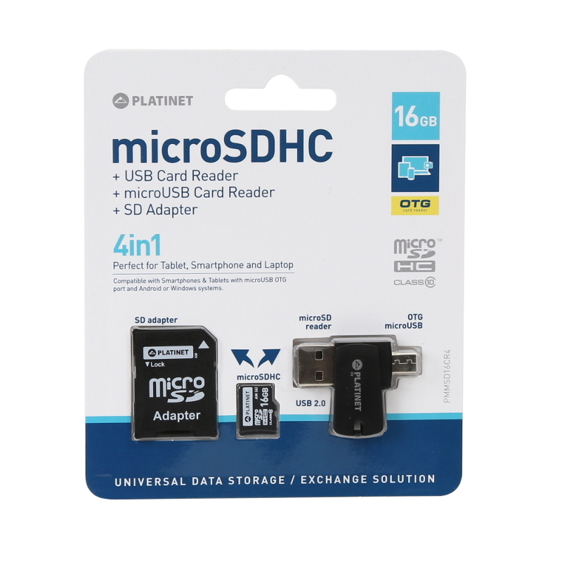 Platinet Microsd 16GB SD HC Classe 10 Memory  4 in 1 CARD READER + OTG + ADAPTER
