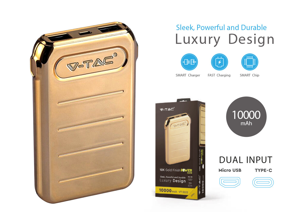 Portable Power Bank Gold 10000 Mah Dual USB Output e Input Micro USB e Tipo C SK