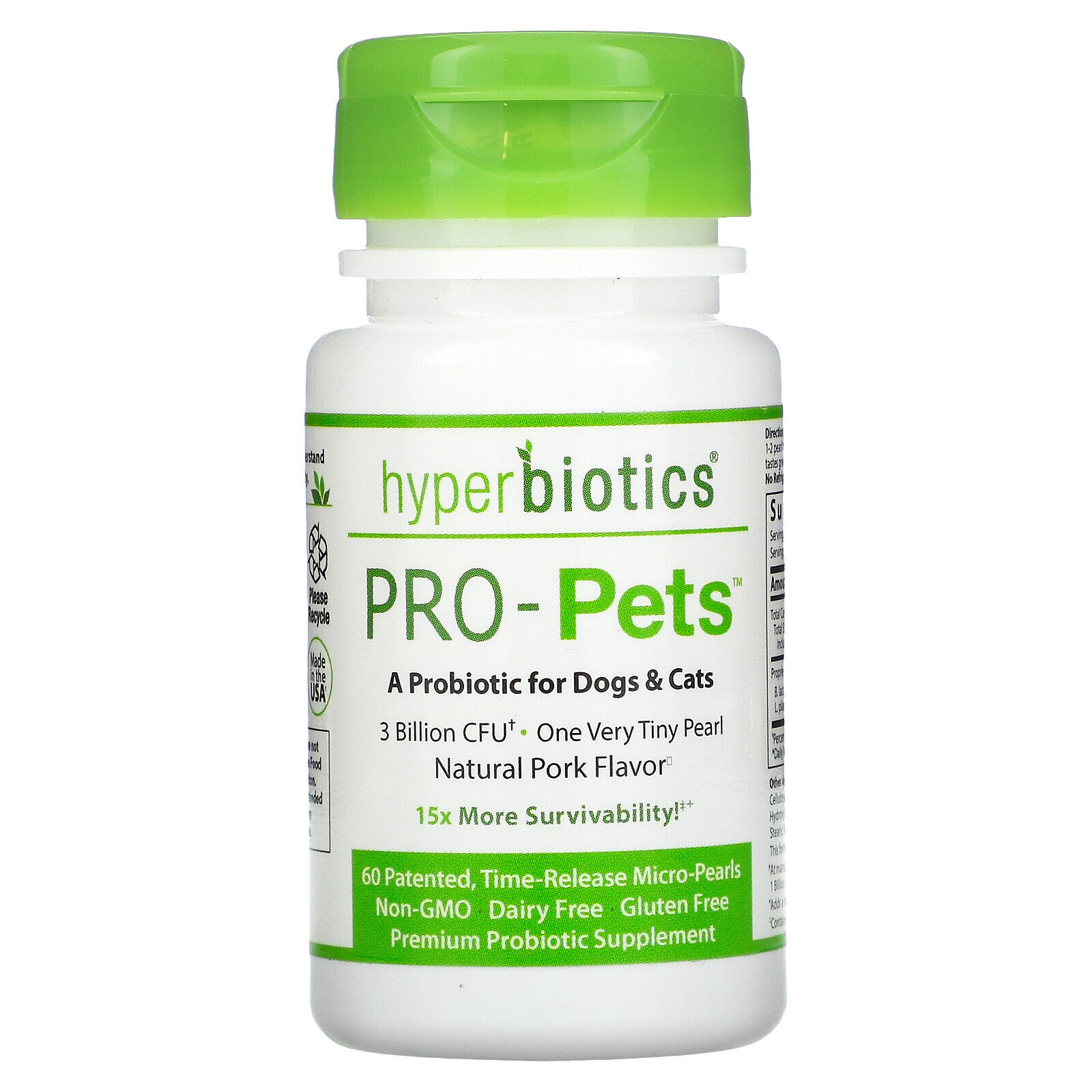 Hyperbiotics, pro-Pets, Probiotici per Cani & Gatti, Naturale Pork, 3 Billion