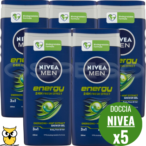 NIVEA MEN DOCCIA SCHIUMA DOCCIA SHAMPOO ENERGY 3 IN 1 SHOWER GEL 250ML 5 PEZZI