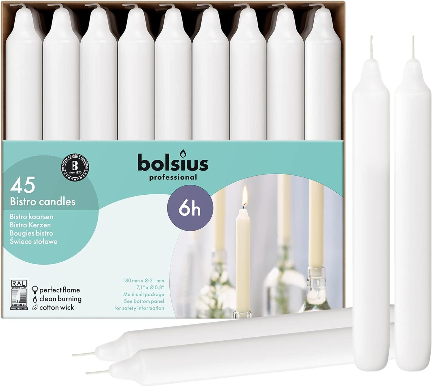 Bolsius Lunghe a Cono-Bianche-Set di 45 unità-Lunga Durata 6 Bianco