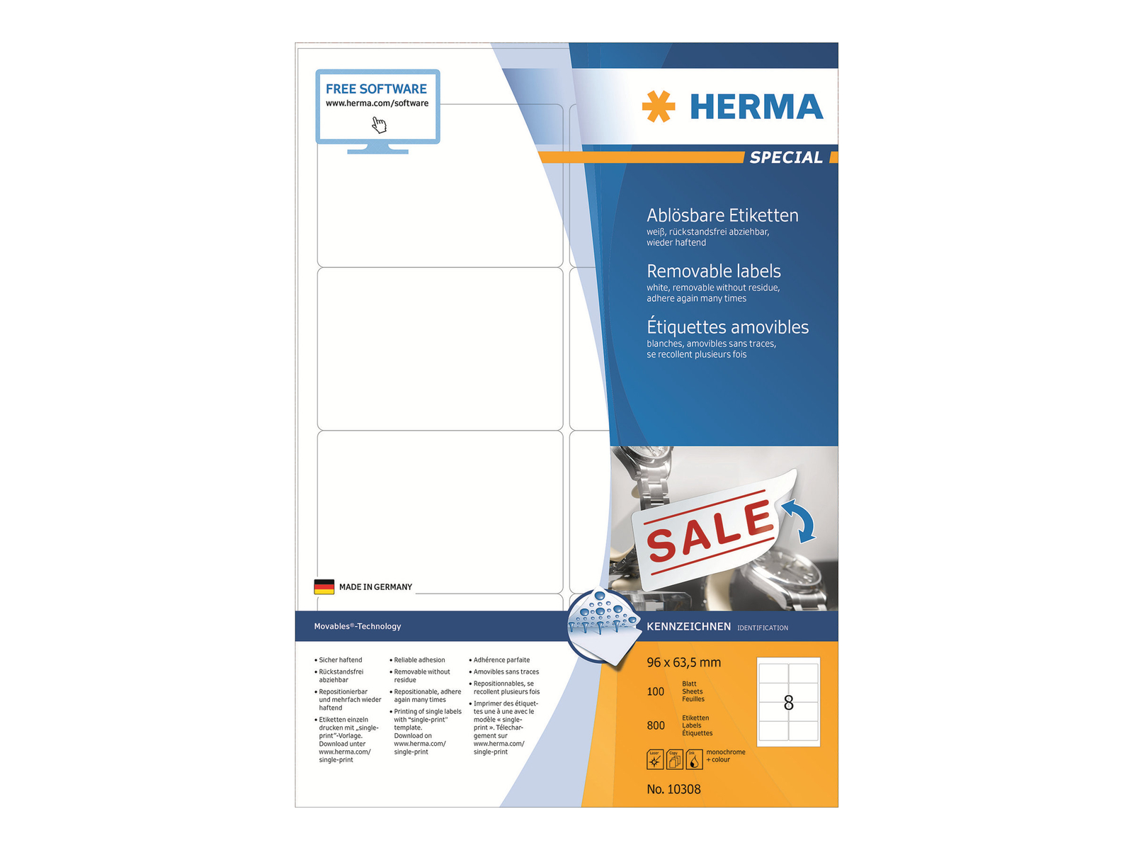 HERMA 10308 Bianco Rettangolo con angoli arrotondati Rimovibile Carta 10308