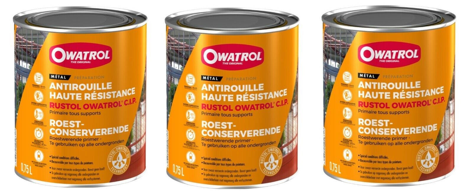 3 X Pittura Primario Antiruggine Alta Resistenza rustol Cip Owatrol 0.75L