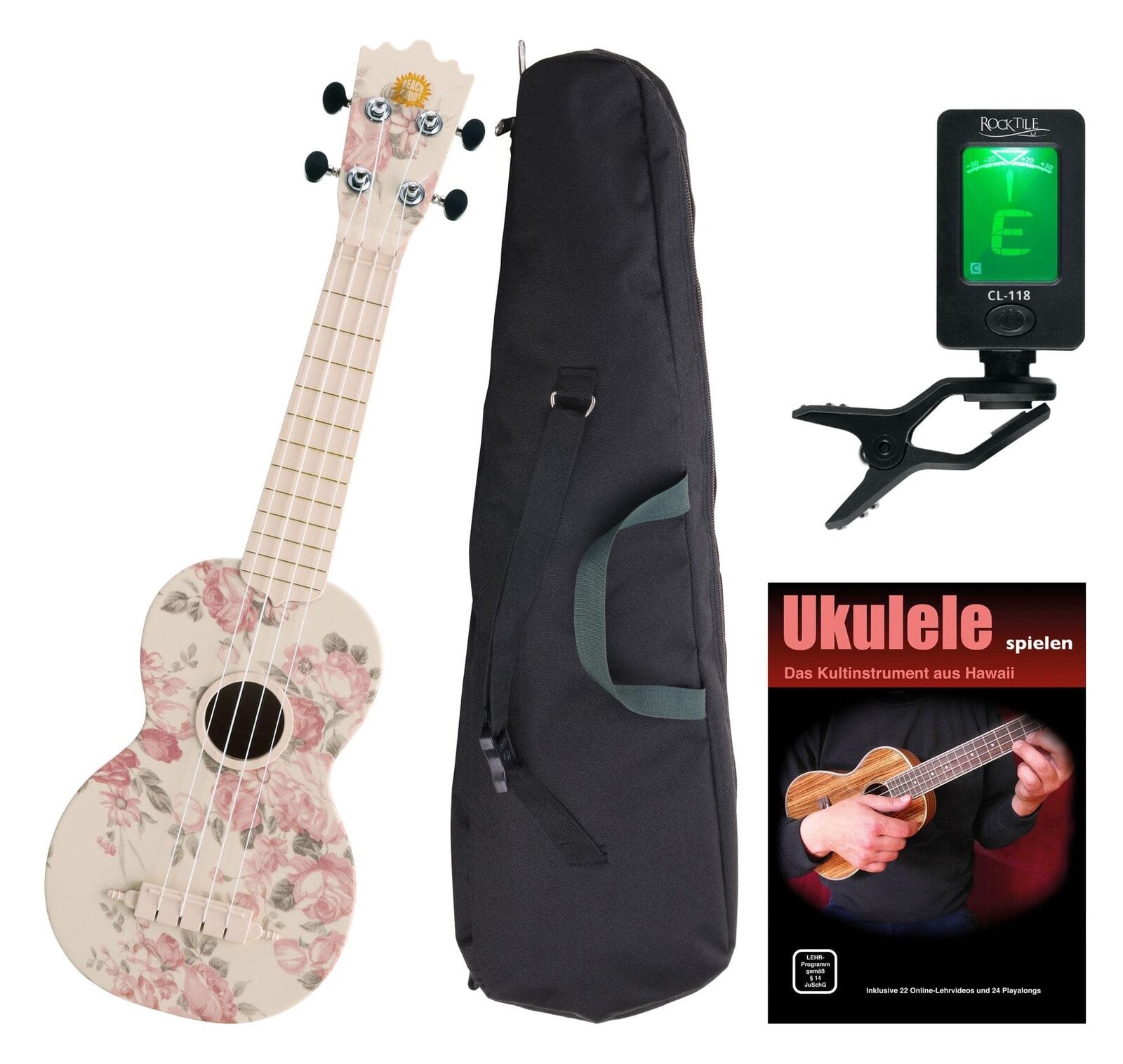 Ukulele Chitarra Soprano Uku Kit 4 Corda Nylon Accordatore Custodia Fiore Rosa