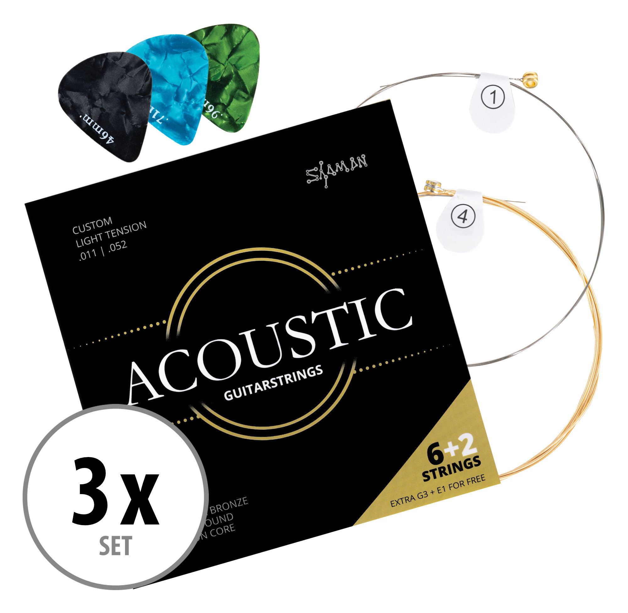 3x 6 Corde di Bronzo Chitarra Acustica Set 3 Plettri 2 Corde di Ricambio E-Book